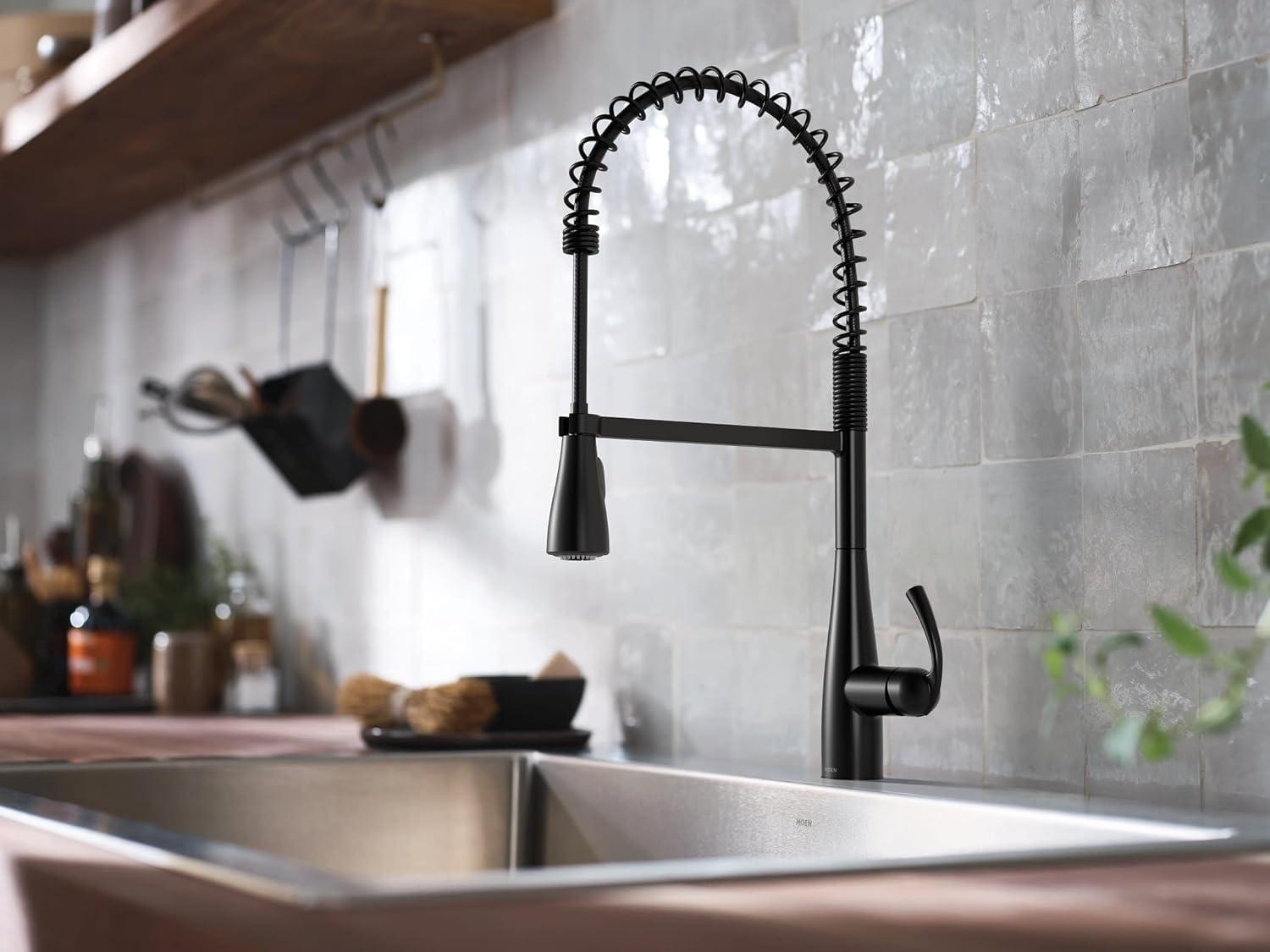 Moen Essie Pre-Rinse Spring Pull Down Single Handle Kitchen Faucet with Power Clean Technology and Soap Dispenser