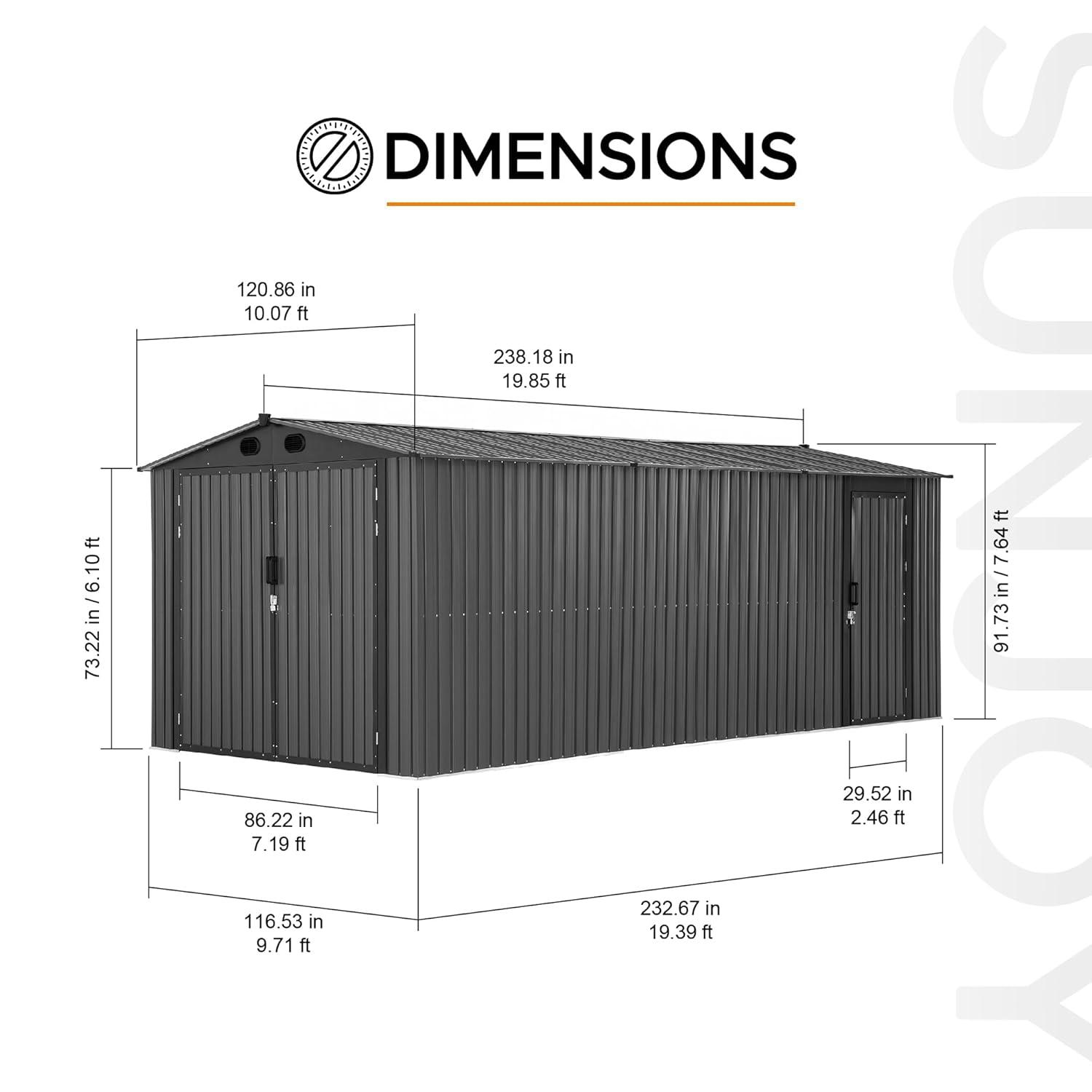 Sunjoy Sunjoy Outdoor Storage Shed 10 x 20 ft. Carport, Patio Metal Utility Large Storage Shed Garage with 2 Doors and 4 Vents, for Car, Truck, Bike, Garbage Can, Tool, Lawnmower