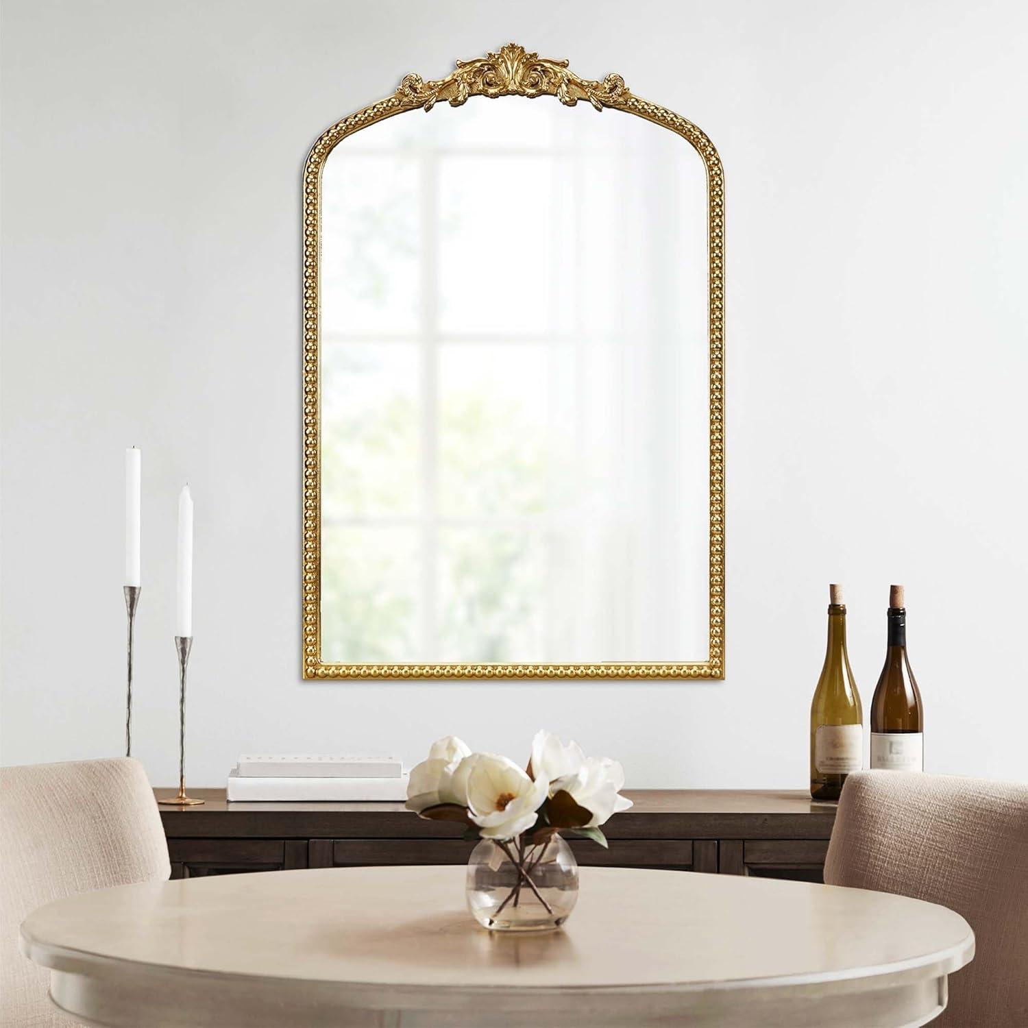 Gold Arched Wall Mirror with Beaded Details and MDF Frame