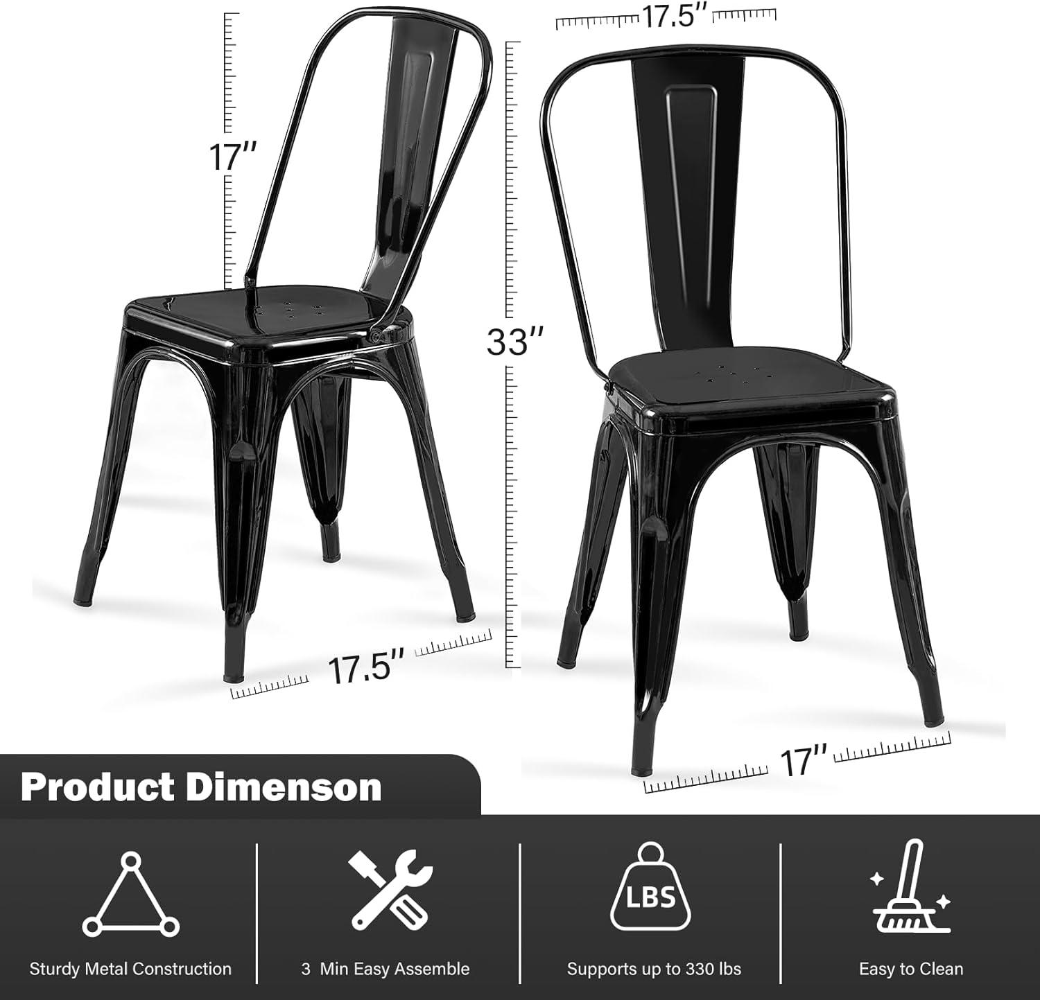 LSSBOUGHT Patio Dining Chairs Set of 4 Metal Chairs Indoor Outdoor Chairs Stackable Chairs for Kitchen, Dining Room, Bistro and Cafe (Black)