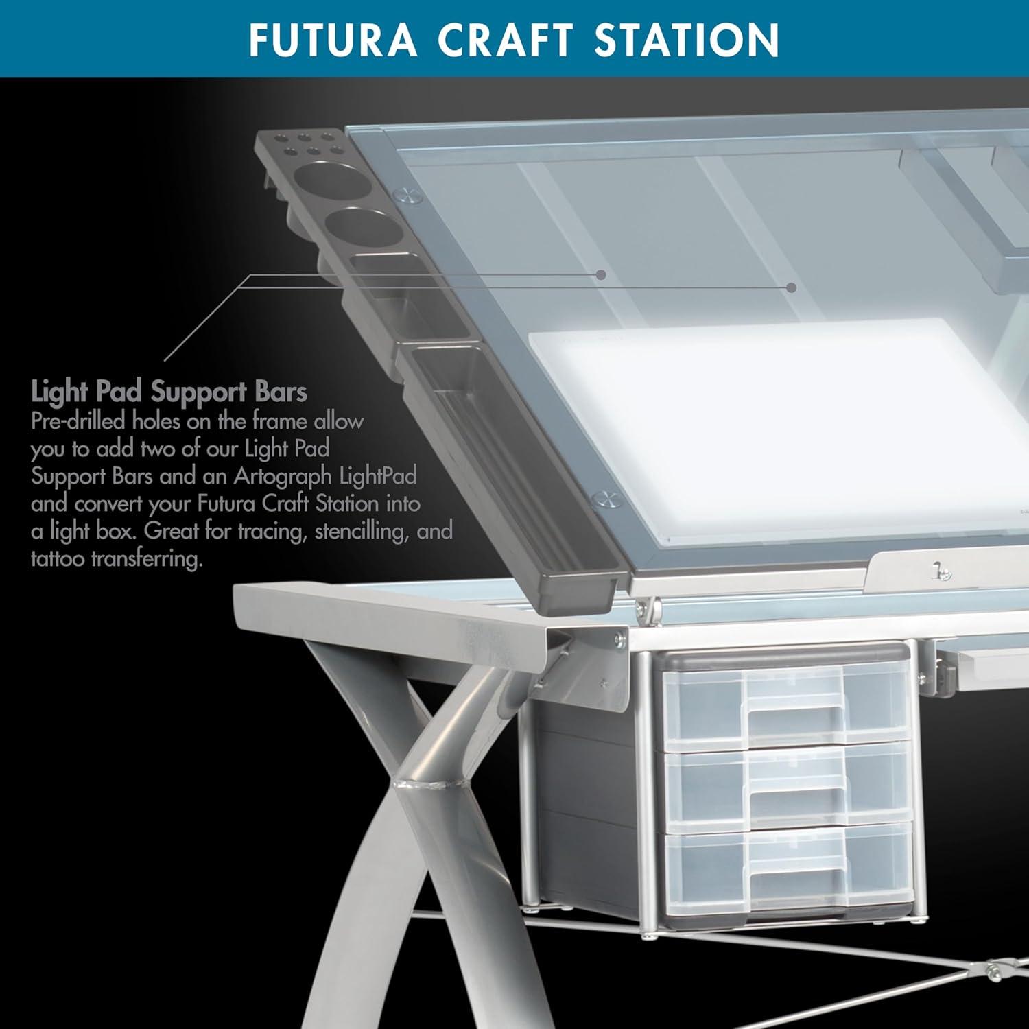 Studio Designs Futura Crafting, Drafting, Drawing Table with Adjustable Top, Silver/Blue Glass- Height 31.50 in.