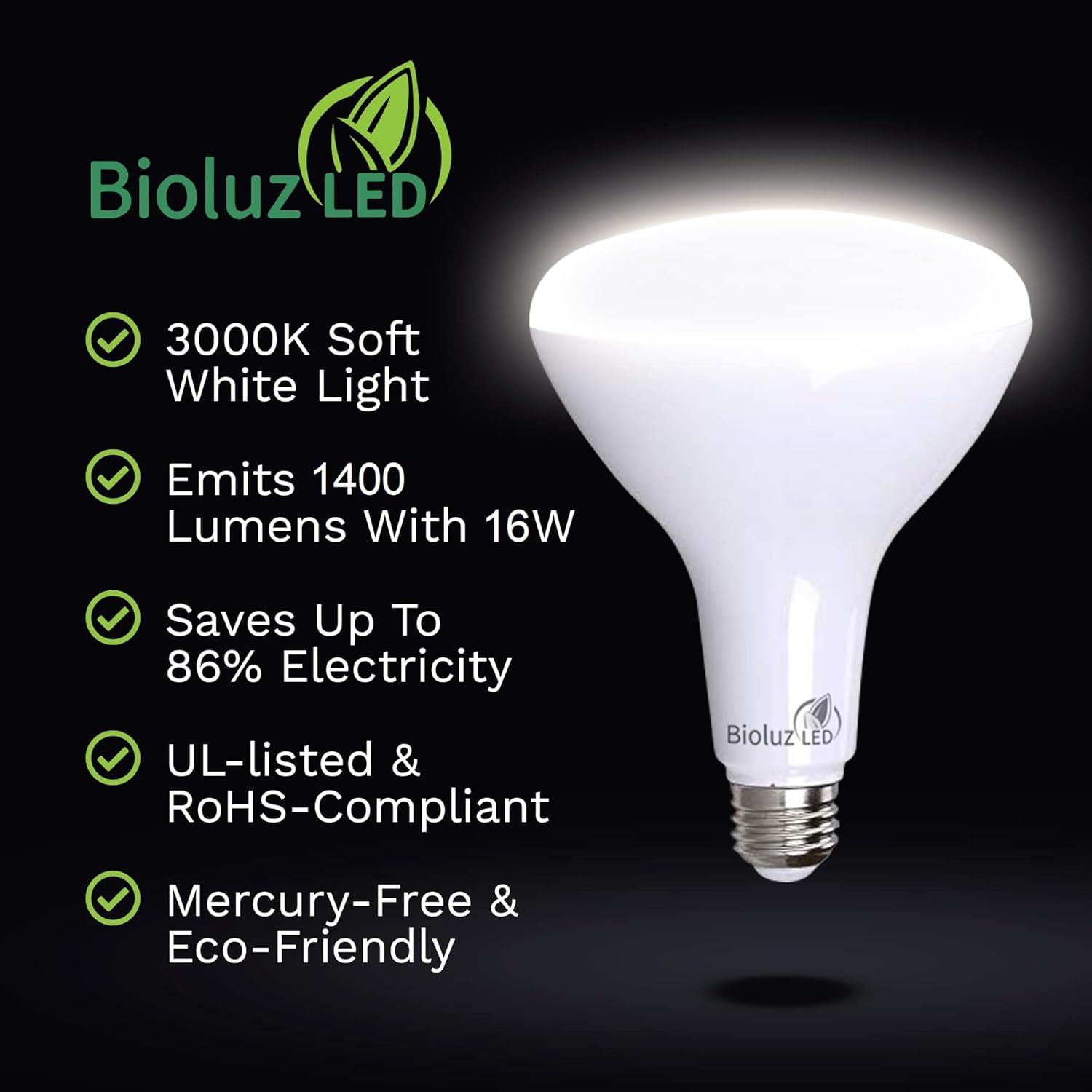 BR40 LED Bulb by Bioluz LED 3000K (Soft White) Dimmable Floodlight, 110° Beam Angle, Medium Base (E26), Dimmable, UL-Listed