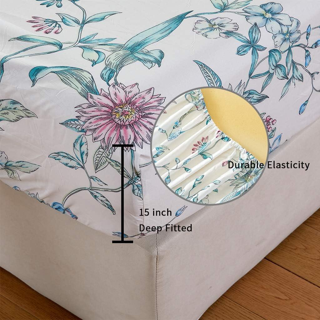 White and Blue Floral Queen Microfiber Sheet Set with Deep Pockets