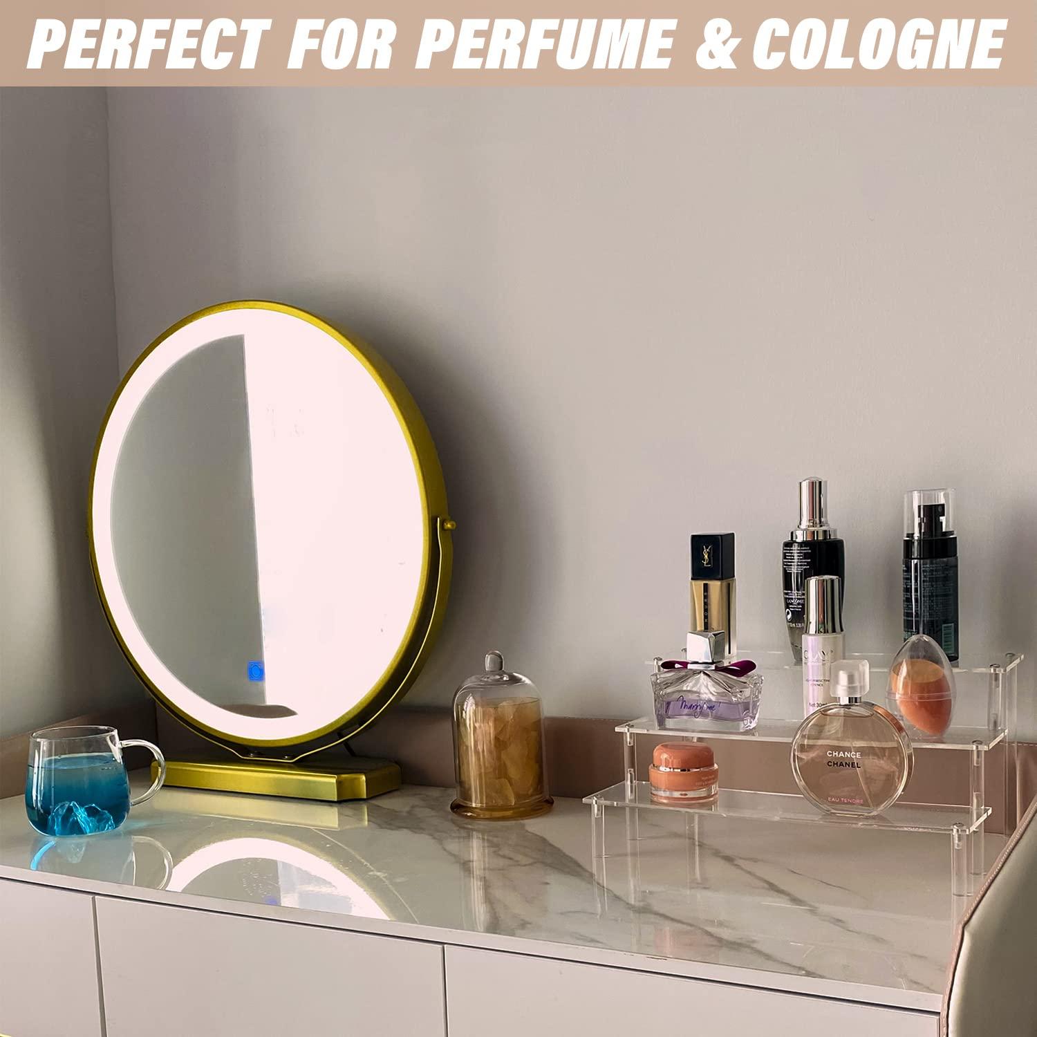 AZEAM 2 Packs Acrylic Display Risers,Clear Display Risers Stand Small Mini Shelf 3 Tiered Cupcake Stand for Food Desserts Stand Perfume Organizer Toys Collections Cosmetic Products Tabletop Use