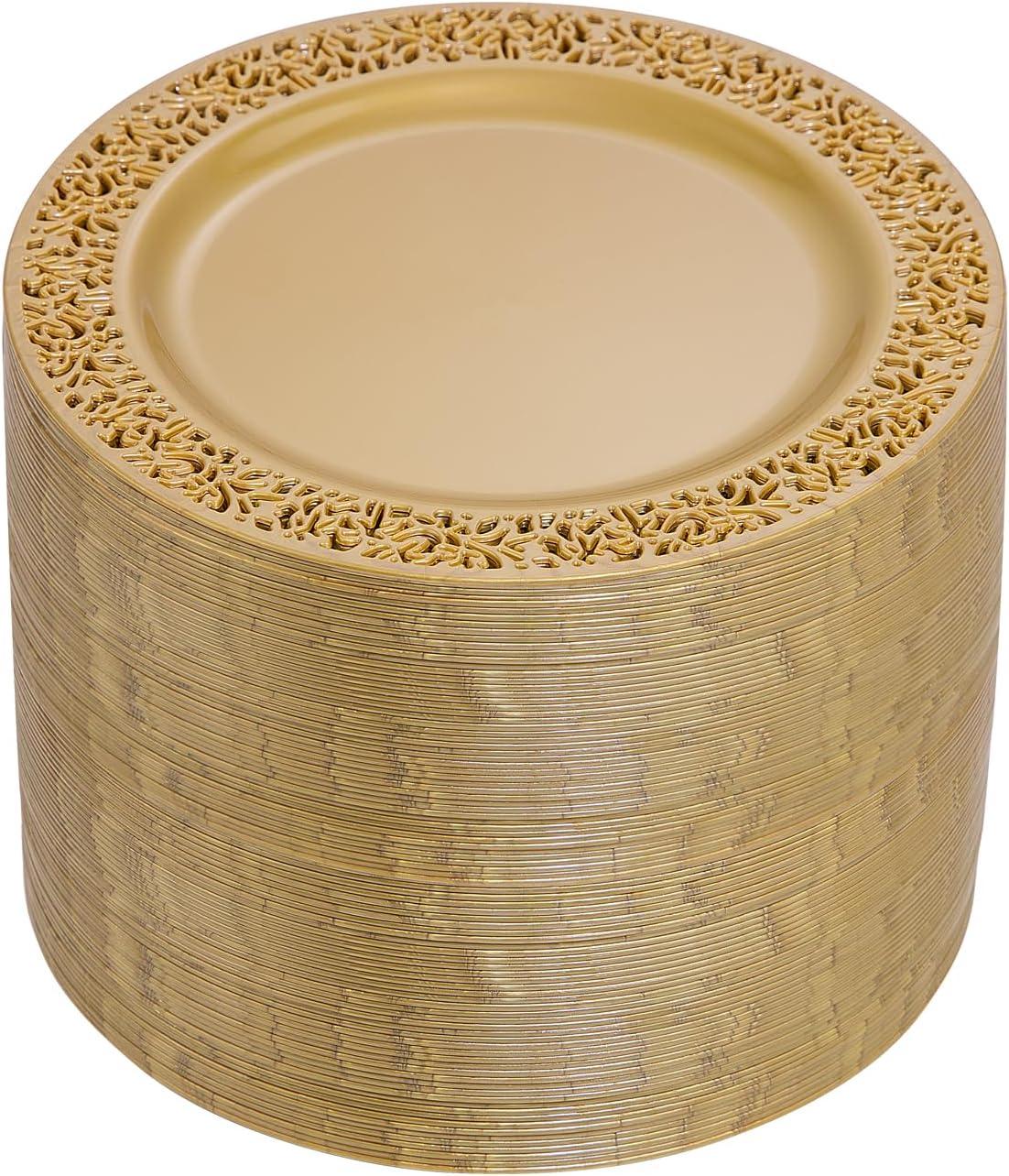 I00000 60pcs Plastic Gold Plates,10.25 inch Gold Rimmed Dinner Plates, White Disposable Plates, Parties or Wedding