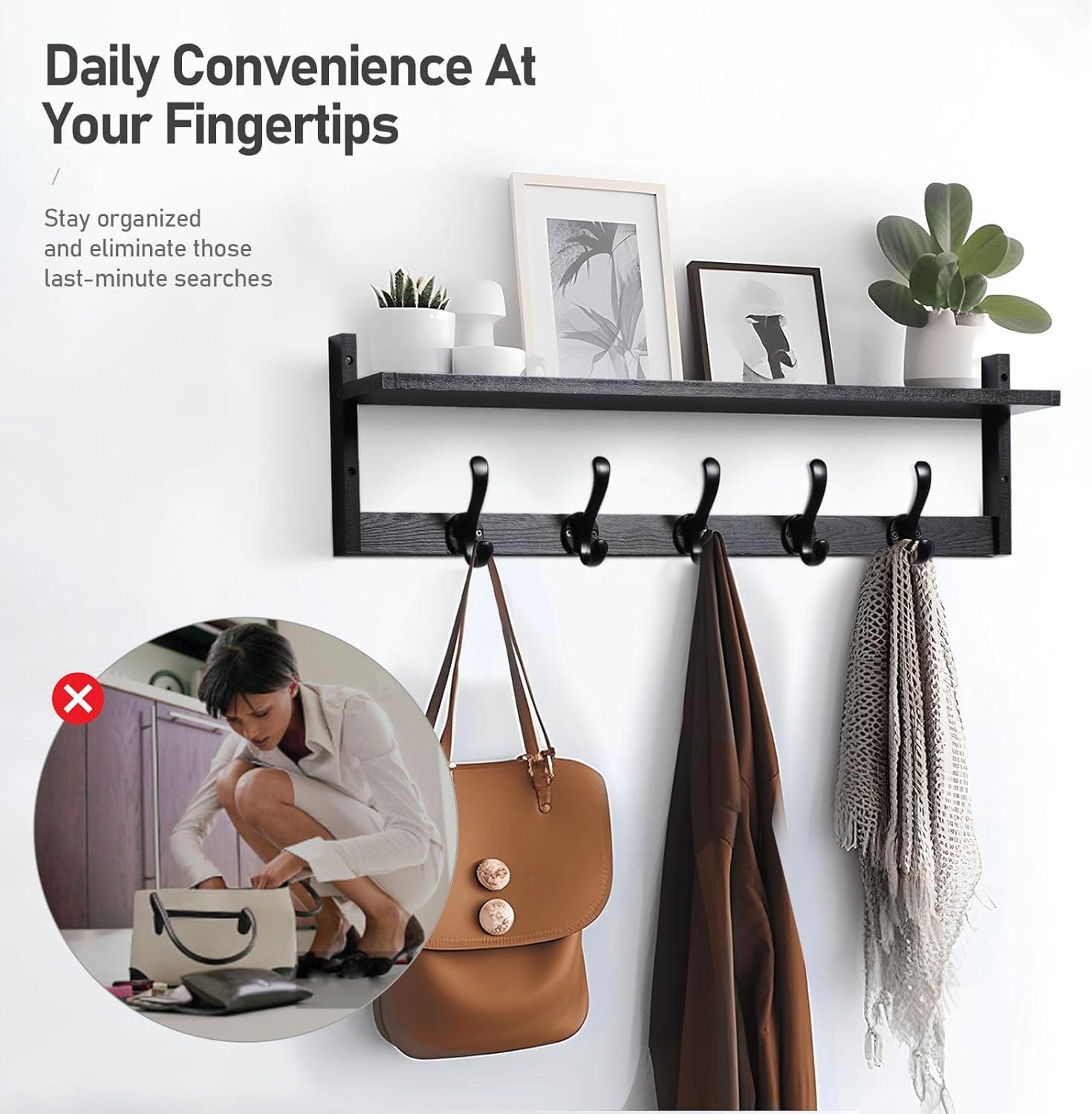 Coat Rack Wall Mount with Shelf, Wood Wall Hooks with Storage, Entryway Shelf with 5 Coat Hangers for Bathroom, Living Room, Bedroom, Black