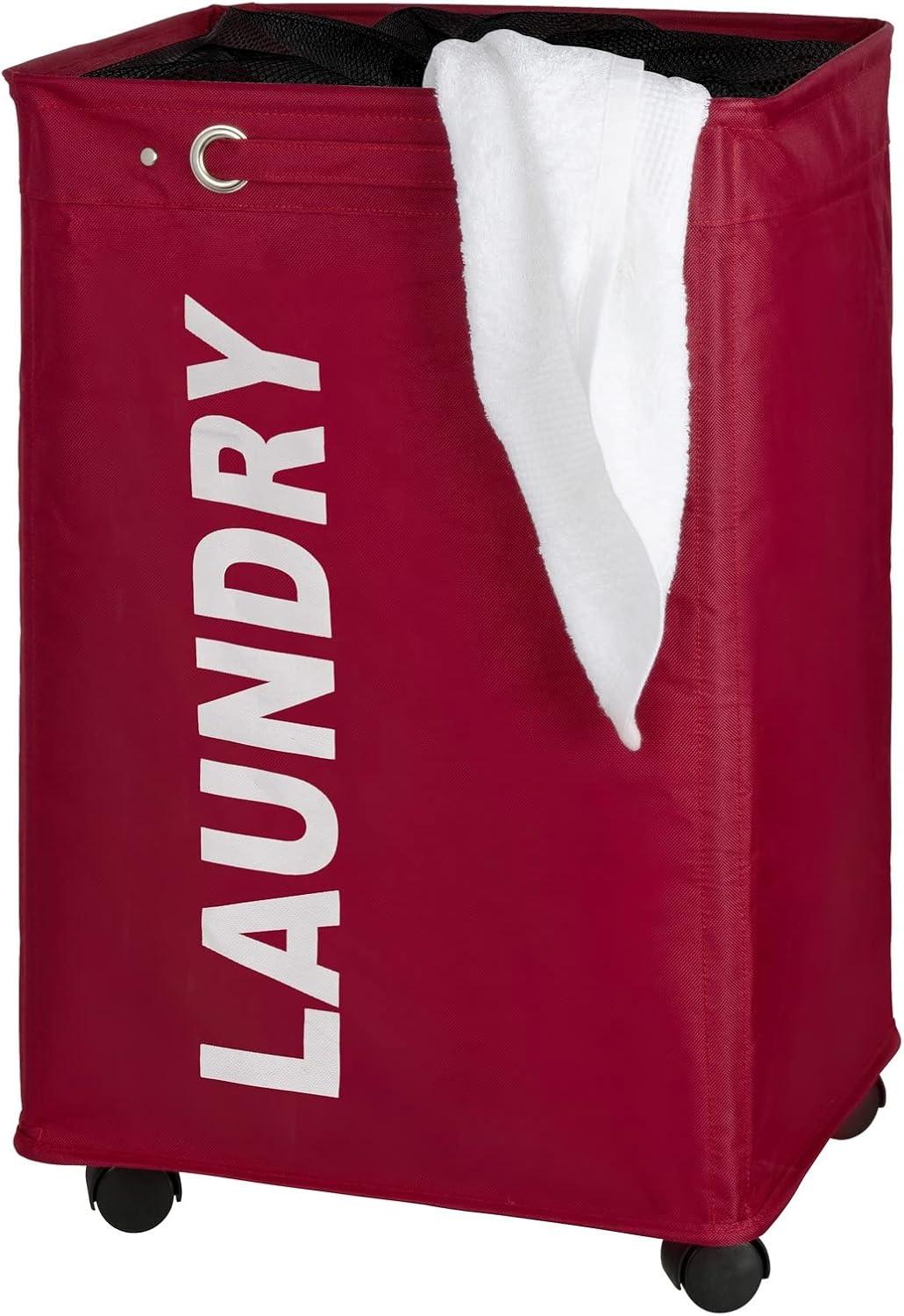 Laundry Basket with Wheels, Sorter, With Lid, Storage, Laundry Hamper, Laundry Bin, Slim red