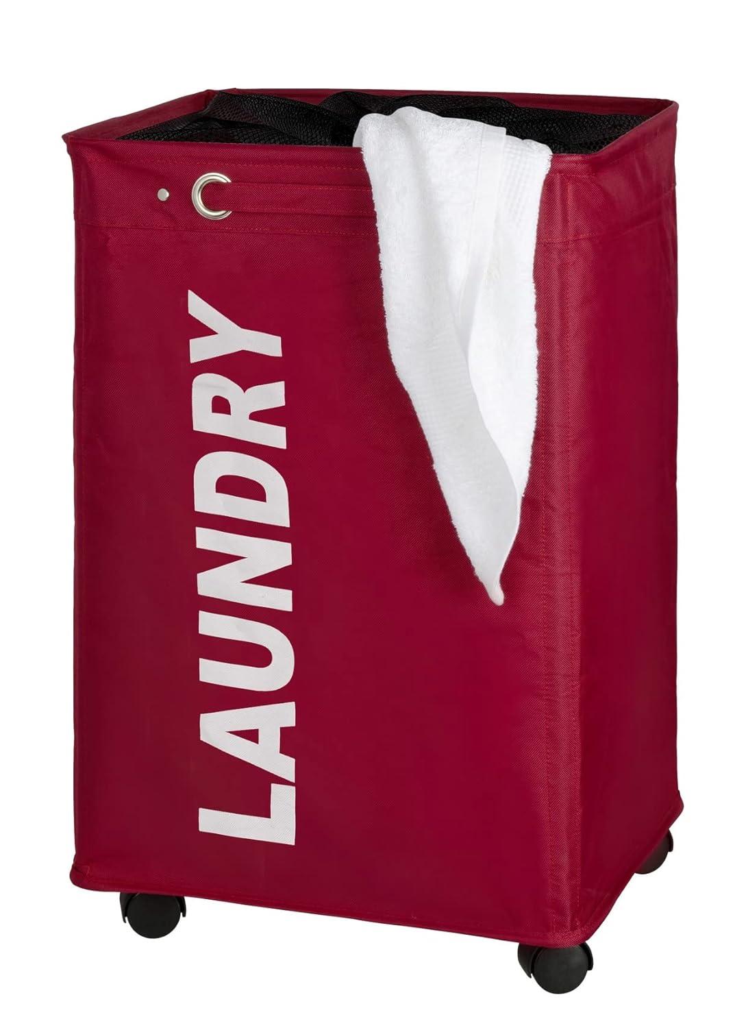 Laundry Basket with Wheels, Sorter, With Lid, Storage, Laundry Hamper, Laundry Bin, Slim red
