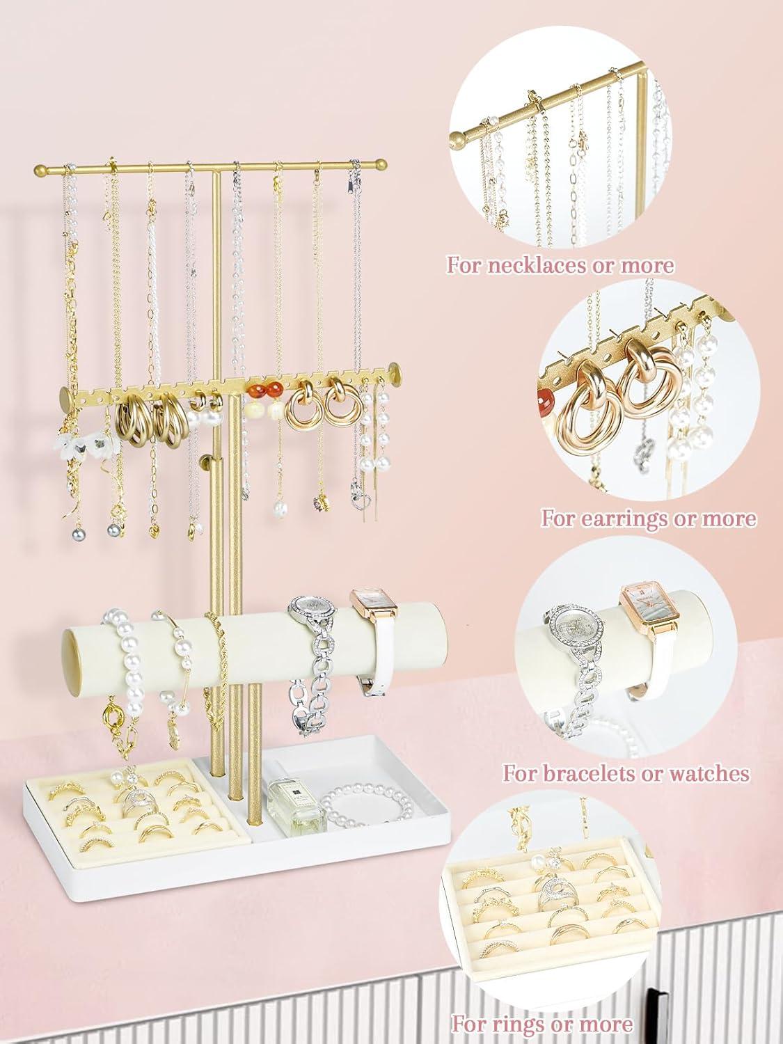 Jenseits Jewelry Organizer Stand Necklace Holder Organizer, 3-Tier Earrings Organizer w/Bracelet Storage Display & Velvet Ring Tray, Cute Metal Aesthetic Jewelry Tower Rack for Women Girls - Gold C47