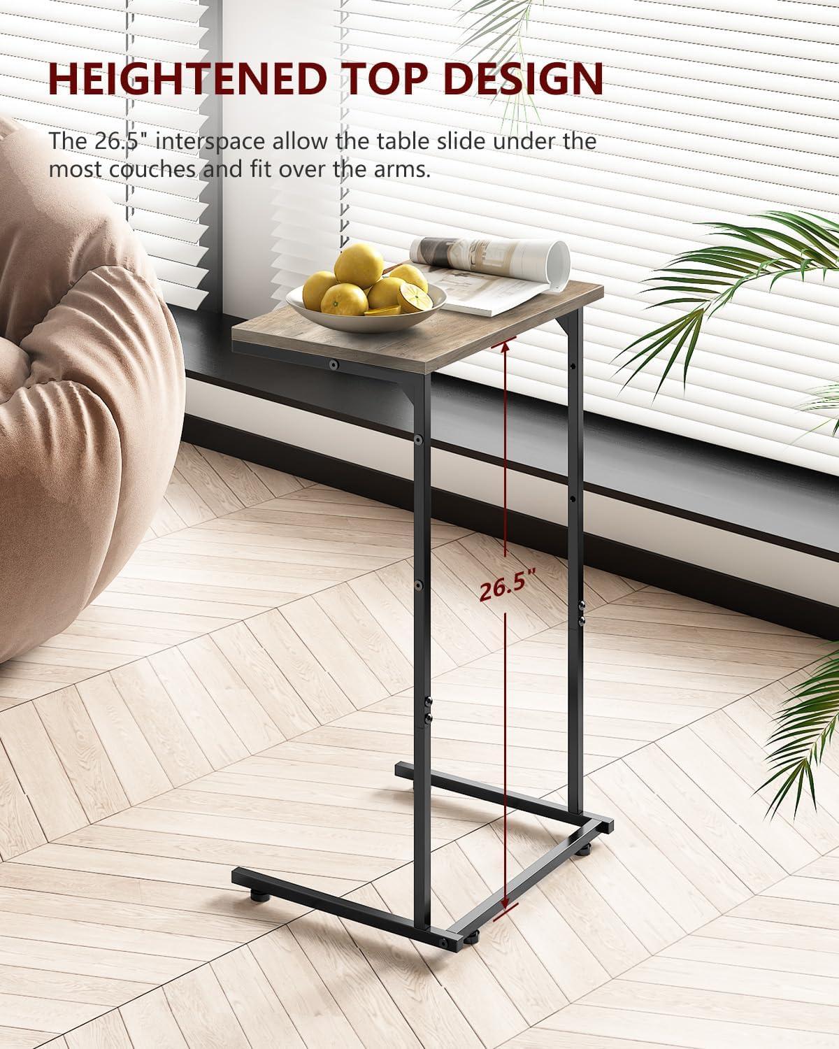 Small C-Shaped End Table: Slide Under Sofa with Storage Bag, Metal Frame, Living Room & Bedroom, Greige