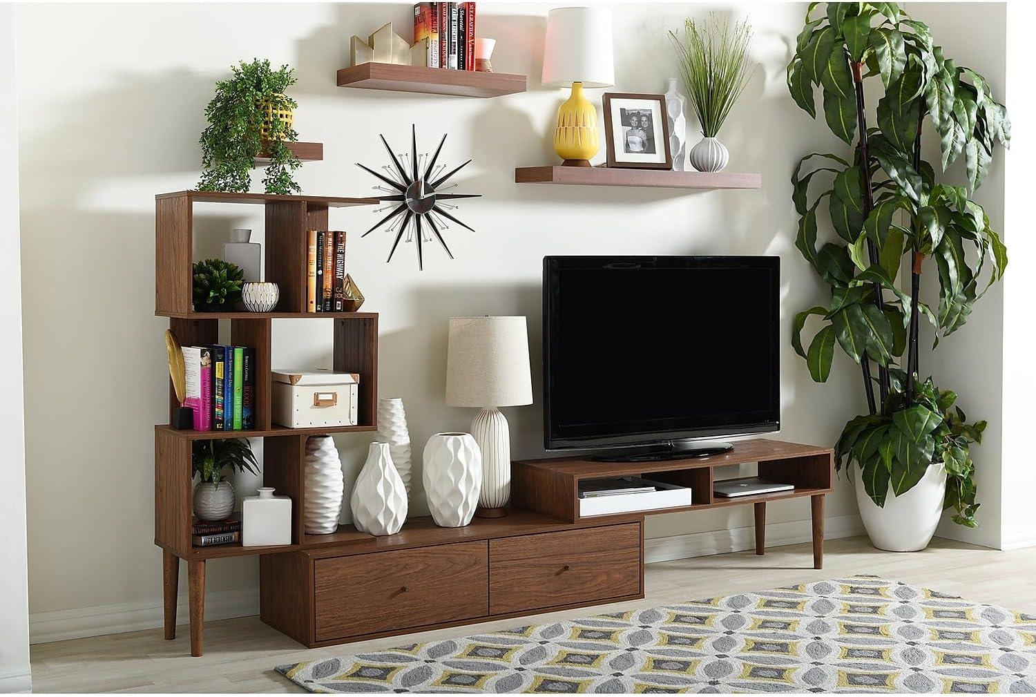 Haversham Mid-Century Retro Modern Display TV Stand for TVs up to 60" Walnut Brown - Baxton Studio: Entertainment Center, Media Console