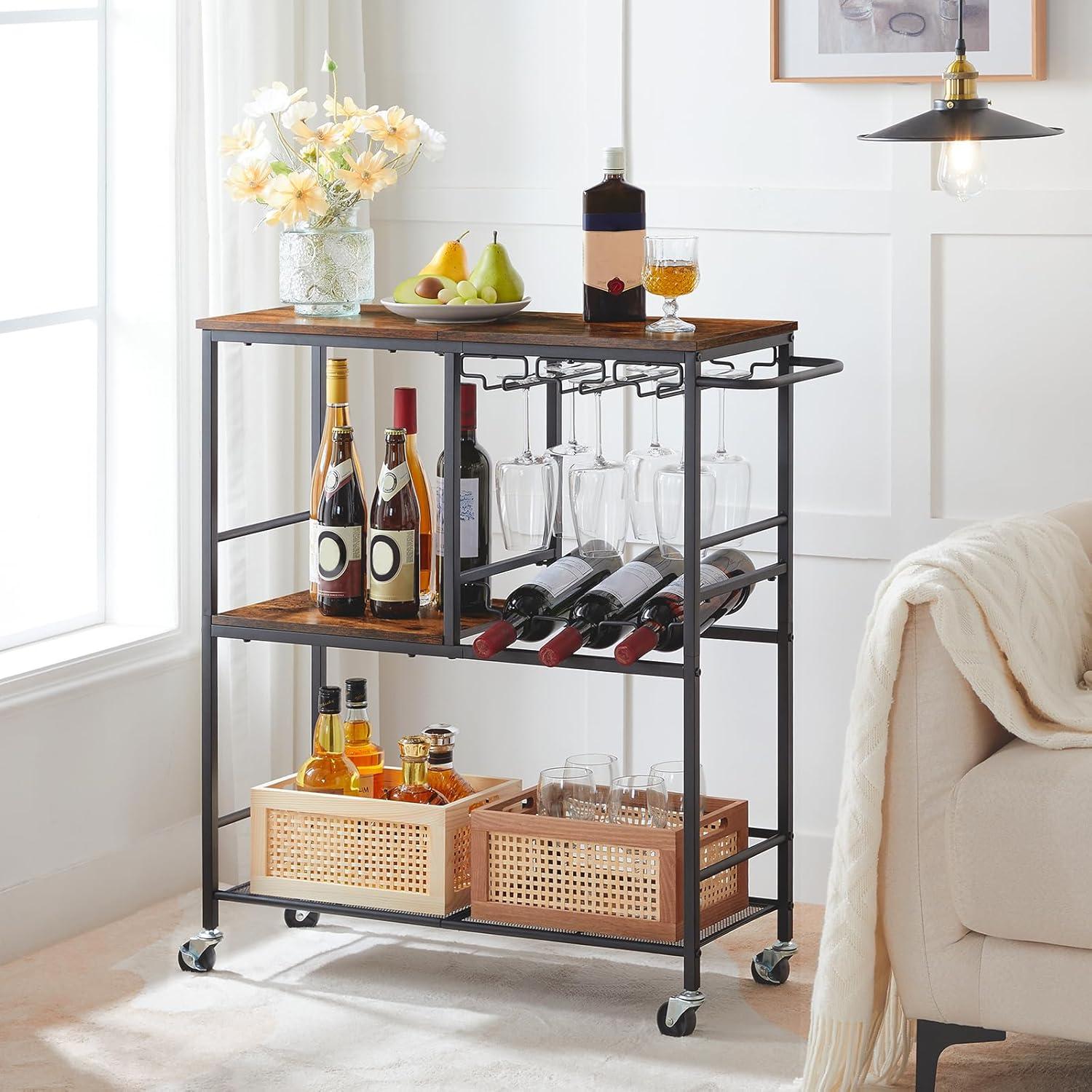 HOOBRO Bar Cart for The Home, 29.5 inches 3-Tier Serving Cart with Wheels, Rolling Kitchen Cart with Wine Rack and Glass Holder for Living Room, Party, Bar, Rustic Brown and Black BF21TC01G1