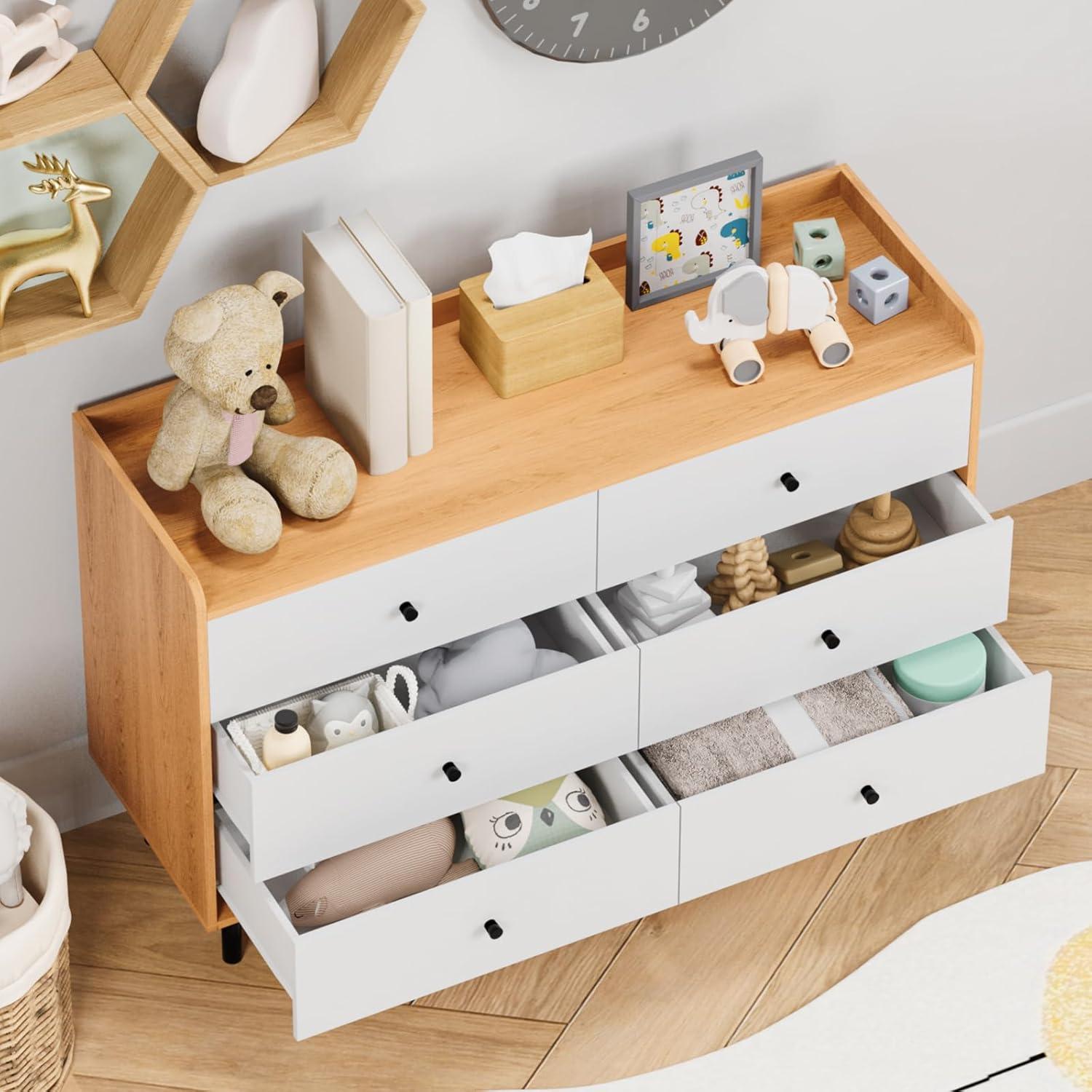 White and Wood Double Dresser with 6 Drawers