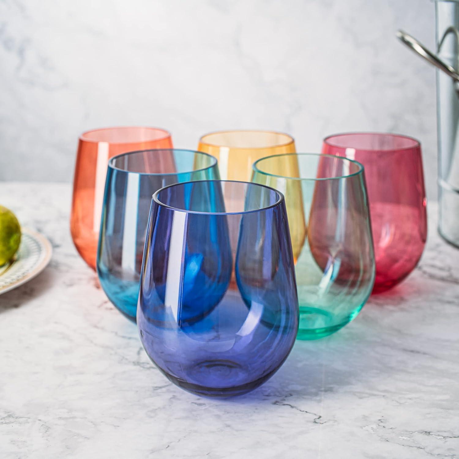 European Style Plastic Crystal Unbreakable Stemless Wine Glasses | Set of 6 | Acrylic Glasses Tritan Drinkware Bright Color Shatterproof BPA-free, Reusable, Outdoor, Pool, Indoor, Hand Wash 15oz Gift