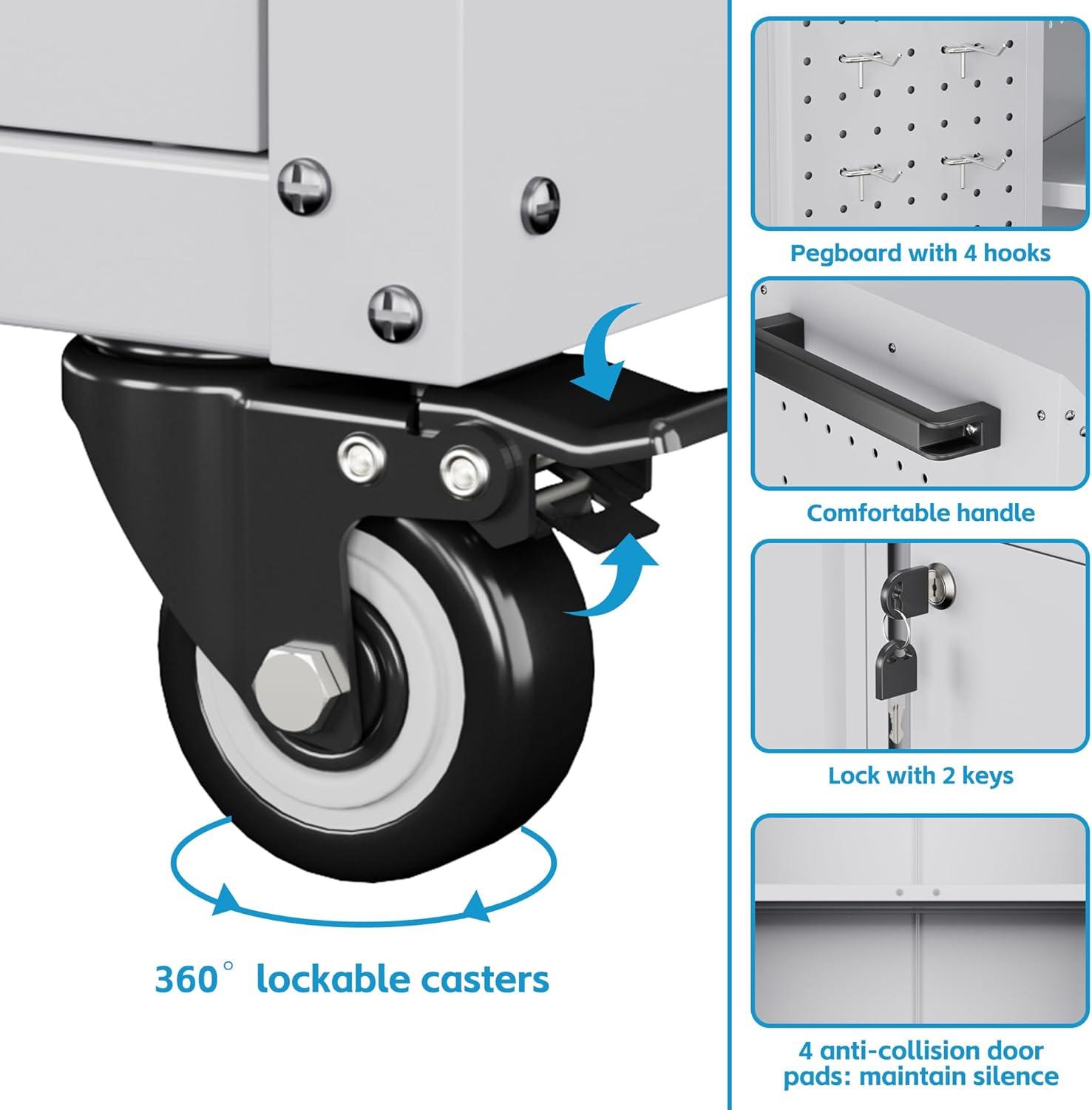 AOBABO 72 Inch Locking Metal Garage Home Office Storage Cabinet with Universal Rubber Wheels/Lockable Casters and Magnetic Doors, White