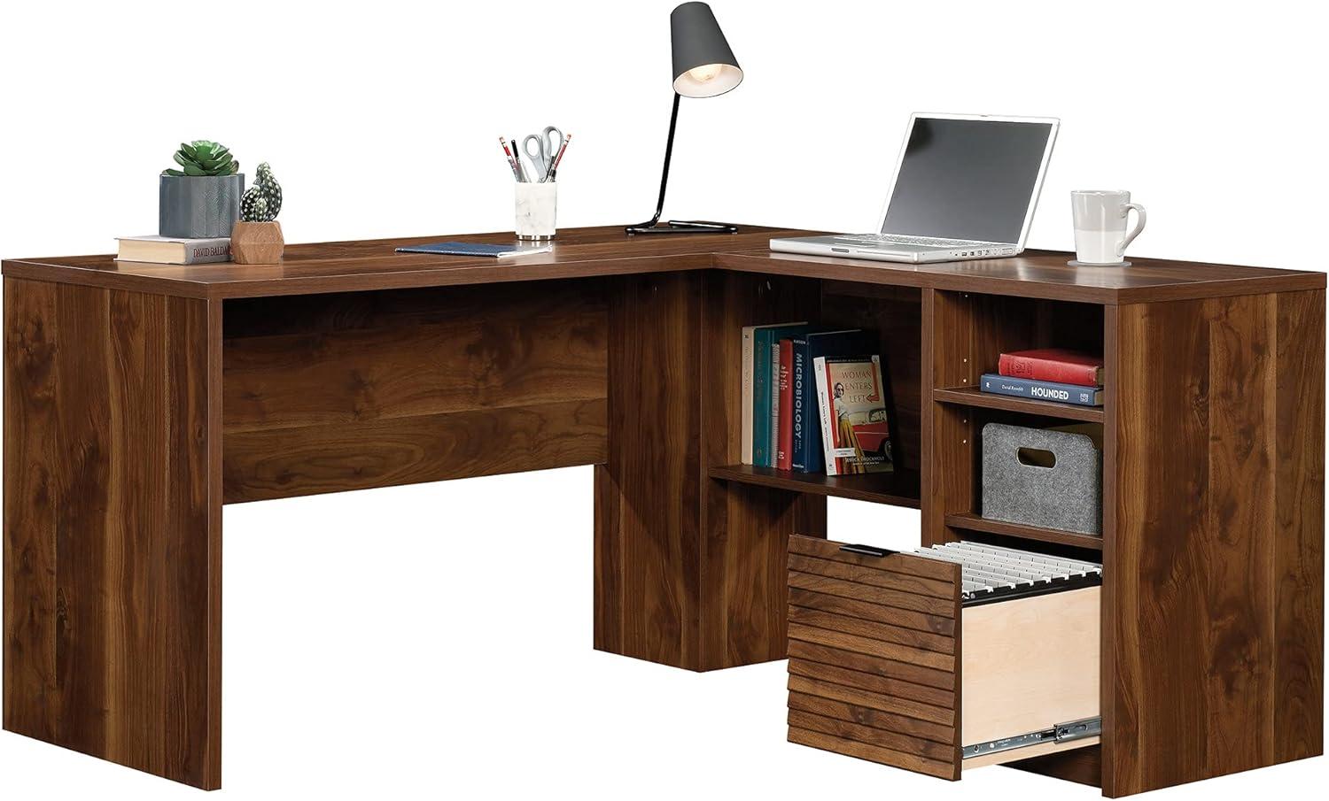 Grand Walnut L-Shaped Writing Desk with Drawer and Filing Cabinet