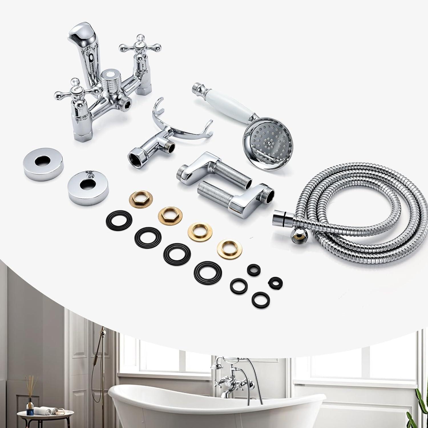 Wasserrhythm Clawfoot Tub Faucet and Shower Kit Chrome Wall Mount Tub Faucet G1/2 Vintage Tub Faucet Victorian Clawfoot Tub Faucet with Hand Shower Set Brass Double Cross Handle