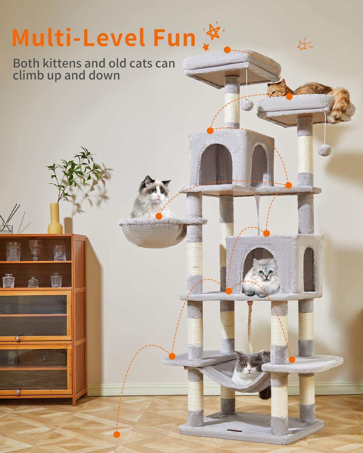 71" Indoor Tall Large Cat Tree Multi-Level Cat House With 2 Big Condo Pad Bed, Cozy Hammock And Scratching Posts