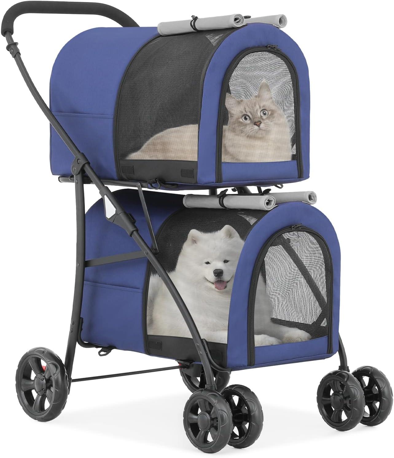 MoNiBloom 4 in 1 Double Pet Stroller, Foldable Cat Stroller for 2 Cats/Dogs with Detachable Carrier Bags & Rear Brakes, Navy Blue/Gray