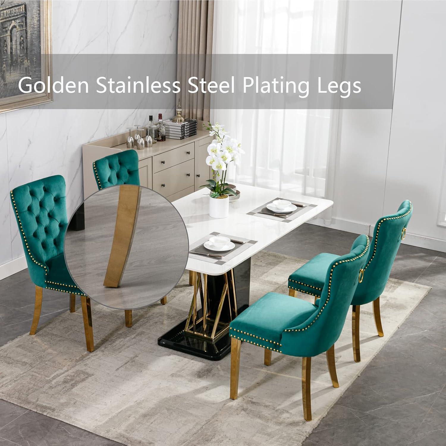 ODUSE-DAILY Green Velvet Dining Chairs Set of 4, Kitchen & Dining Room Chairs, Nailheads Tufted, Sillas De Comedor, Fabric Upholstered, Golden Metal Legs (Green, 4 Pcs)