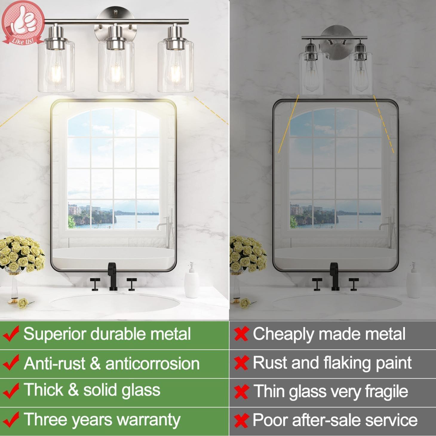 3-Light Bathroom Light Fixtures, Brushed Nickel Vanity Light, Farmhouse Wall Lights with Clear Glass Shade, Bathroom Wall Lamp for Mirror Kitchen Bedroom Hallway Living Room Hallway Cabinet