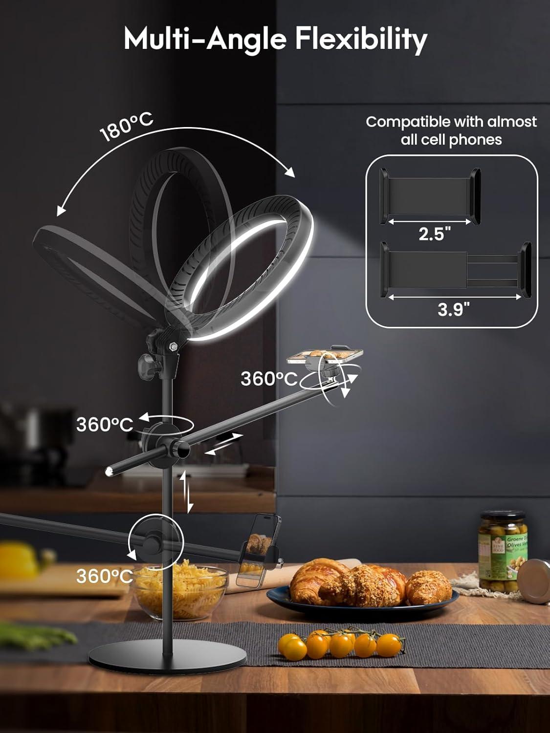 Adjustable Black Metal Desk Ring Light with Phone Mount