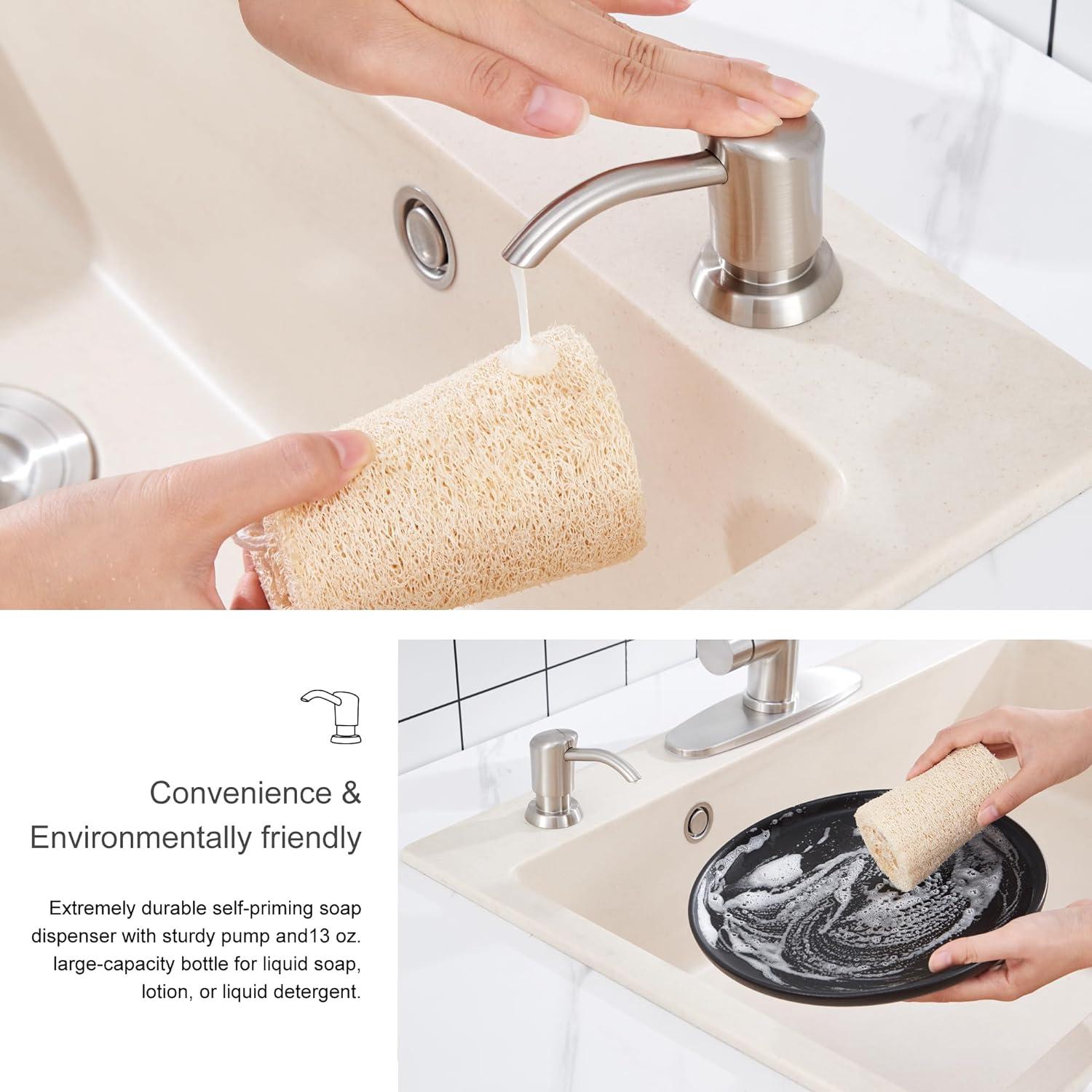 GAGALIFE Built in Sink Soap Dispenser or Lotion Dispenser for Kitchen Sink, Brushed Gold ABS Pump Head, with 17 Ounce Large PET Soap Bottle