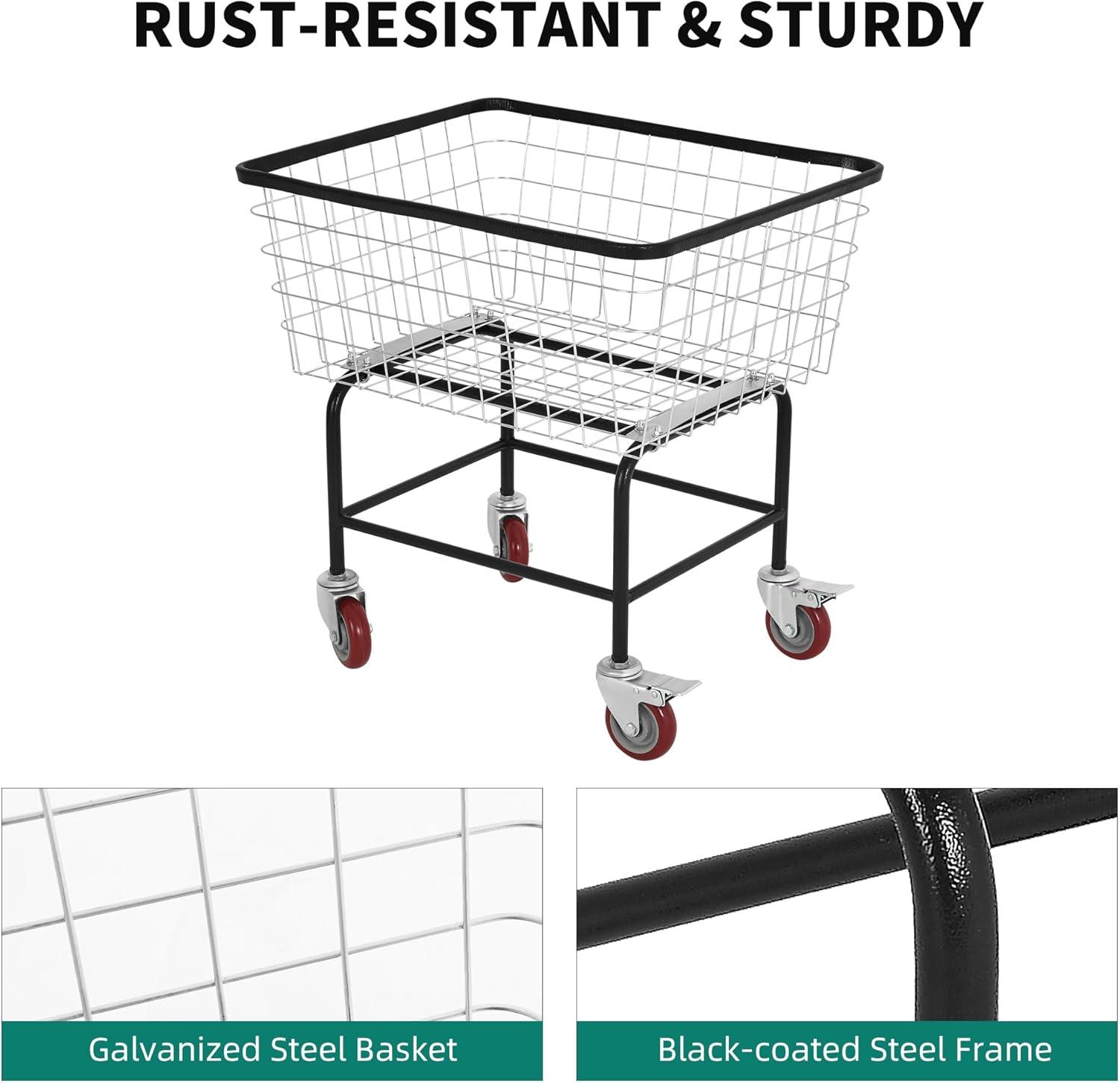 Large Galvanized Steel Rolling Laundry Cart with Wheels