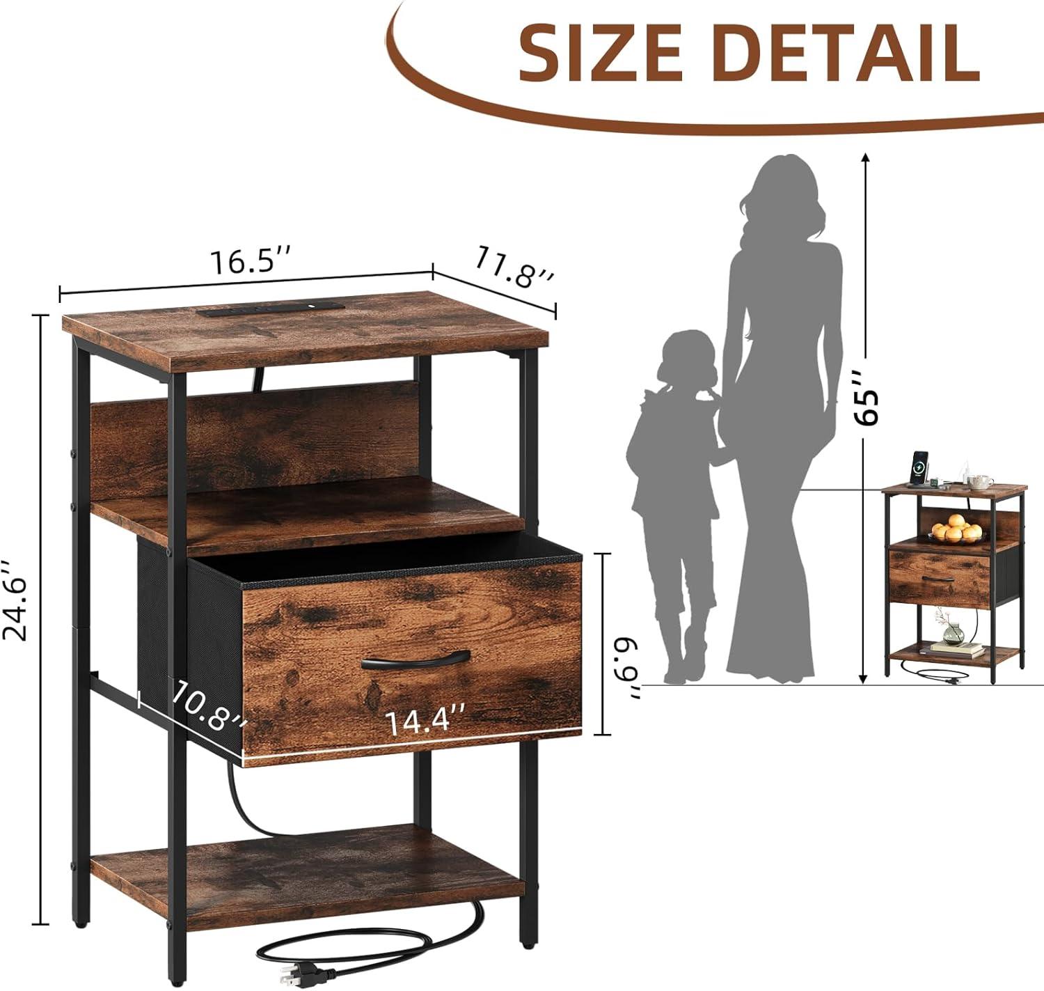 Somdot Bedside Table Set of 2 with Charging Station, LED and Storage Shelfs for Bedroom Living Room, Wood Grain Print