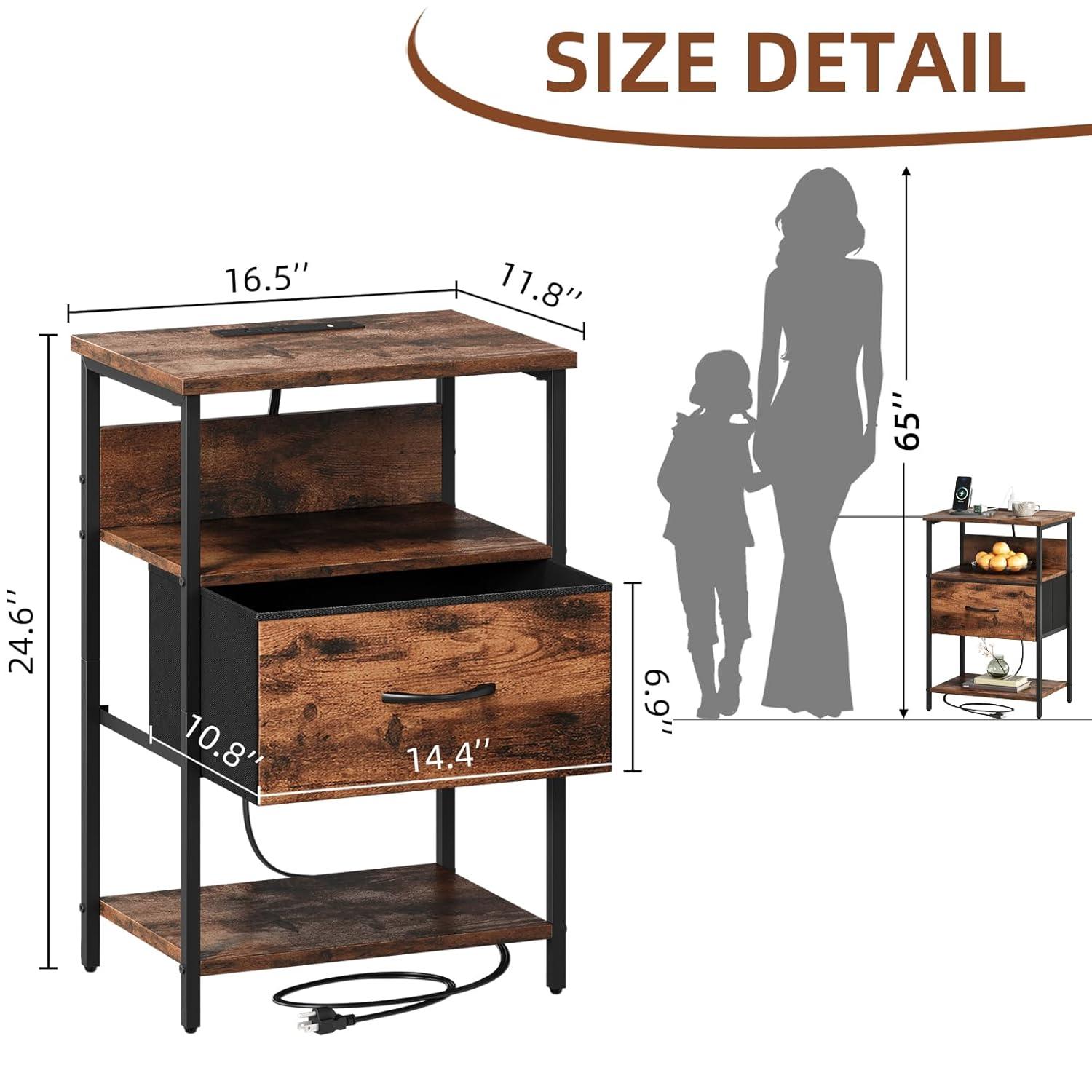 Somdot Bedside Table Set of 2 with Charging Station, LED and Storage Shelfs for Bedroom Living Room, Wood Grain Print