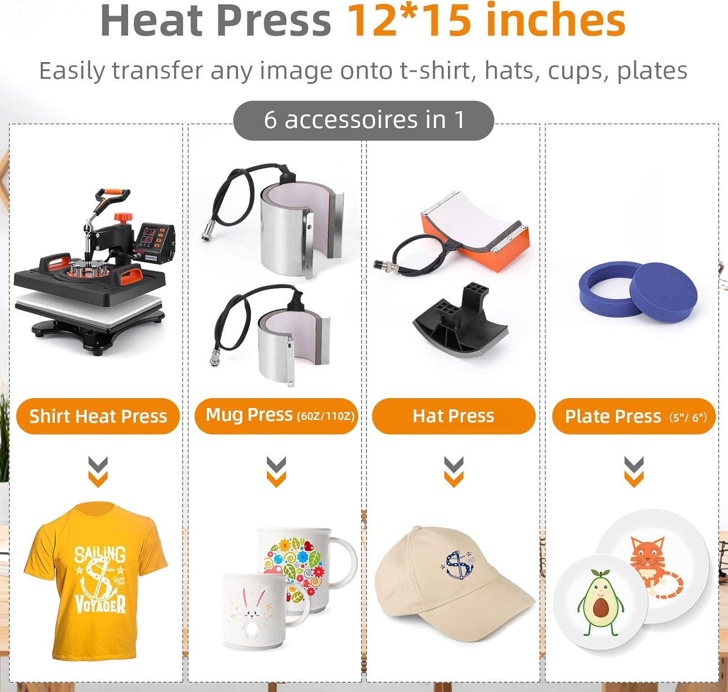 Heat Press Machine,6 in 1 Heat Press Sublimation Machine 360°Rotation Swing Away T Shirt Printing Machine for DIY T Shirts Mug Hat Plate Cap Mouse Pad