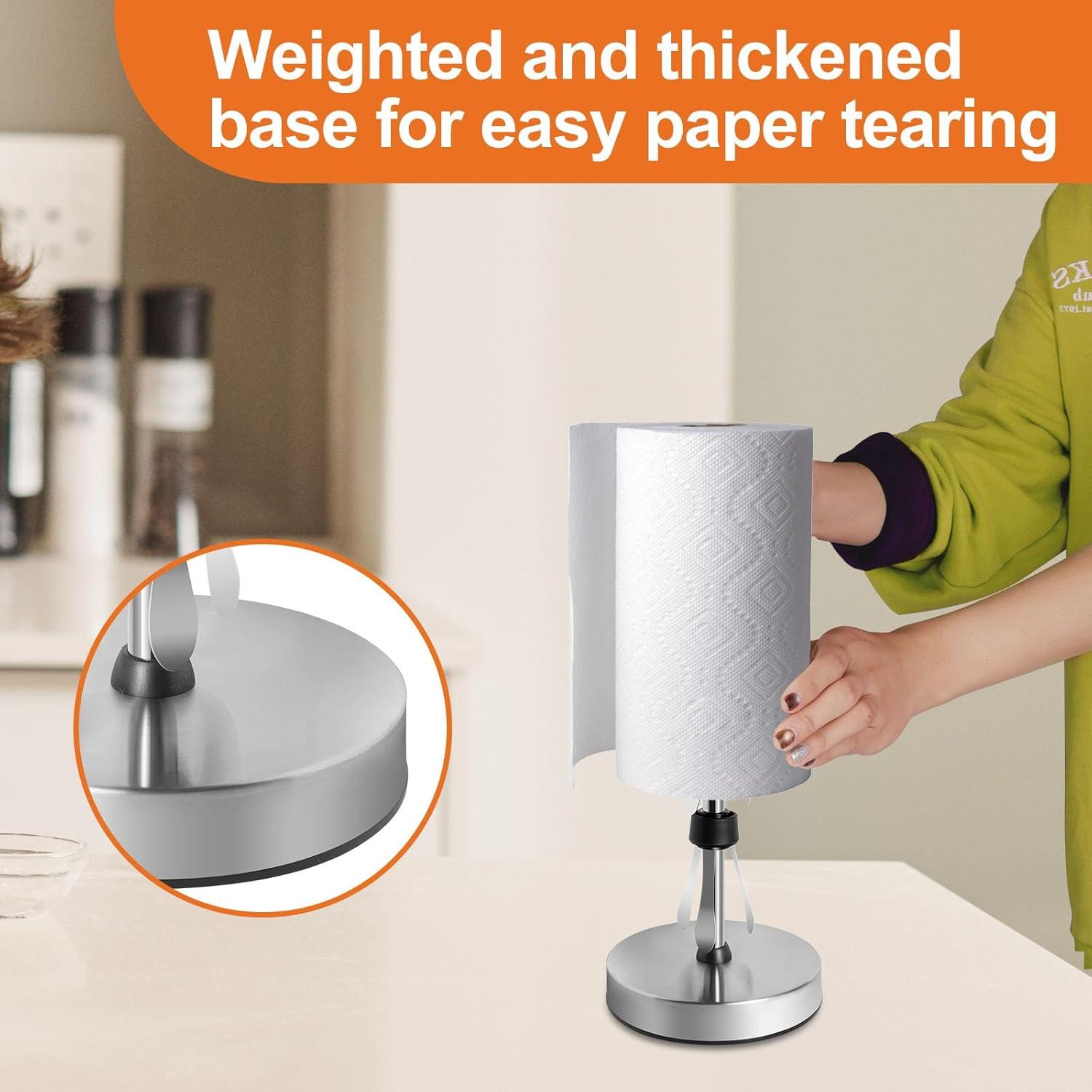 Stainless Steel Black Paper Towel Holder Designed for Easy One-Handed Operation - This Sturdy Weighted Paper Towel Dispenser Countertop Model Has Suction Cups and Holds Paper Towel Rolls of All Sizes