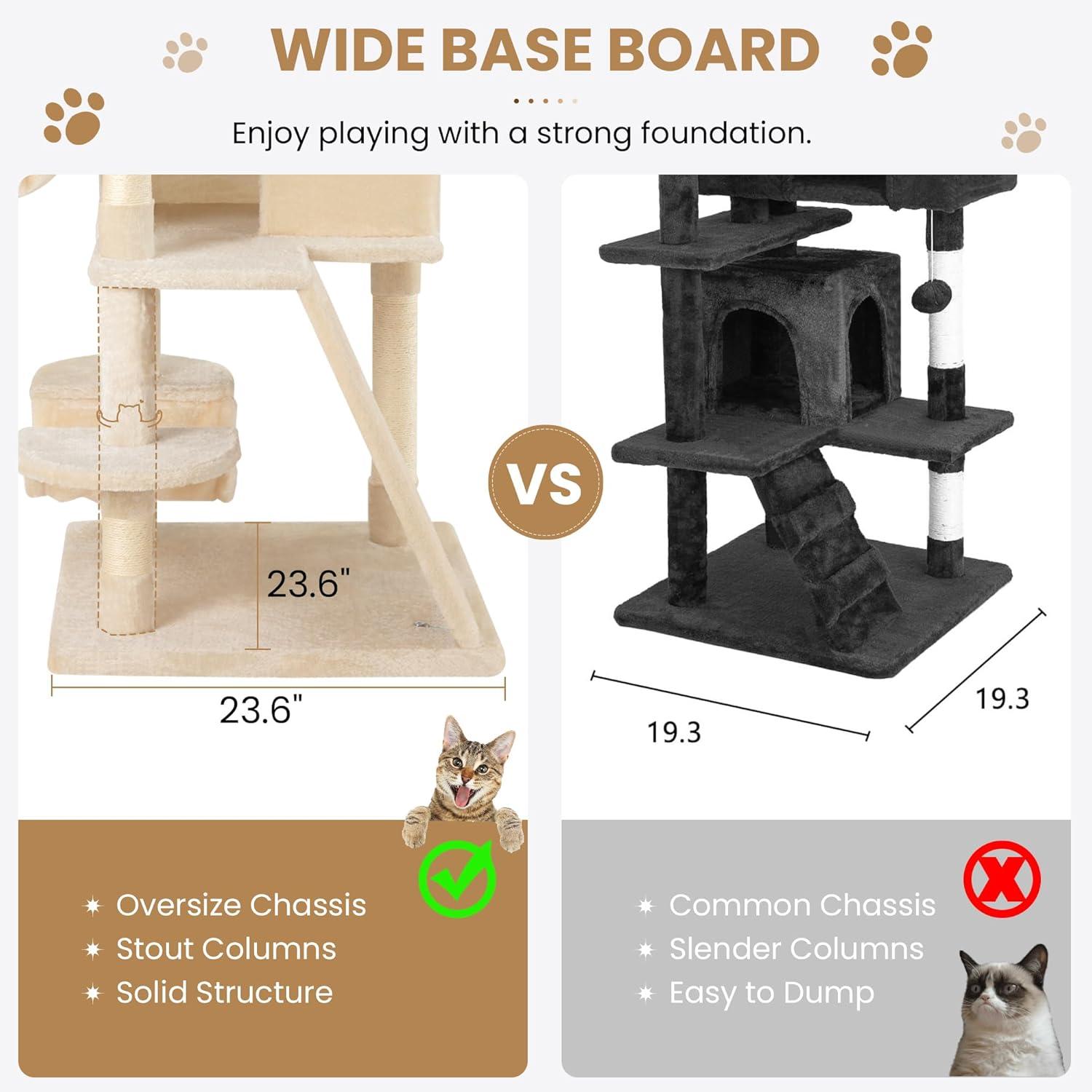 65in Larger Cat Tree Tower Condo for Indoor Cats, Multi-Level Furniture Activity Center with Wide Base/Cozy Plush Cat Perches/Baskets/Sisal Scratching Posts and Hammock/Beige