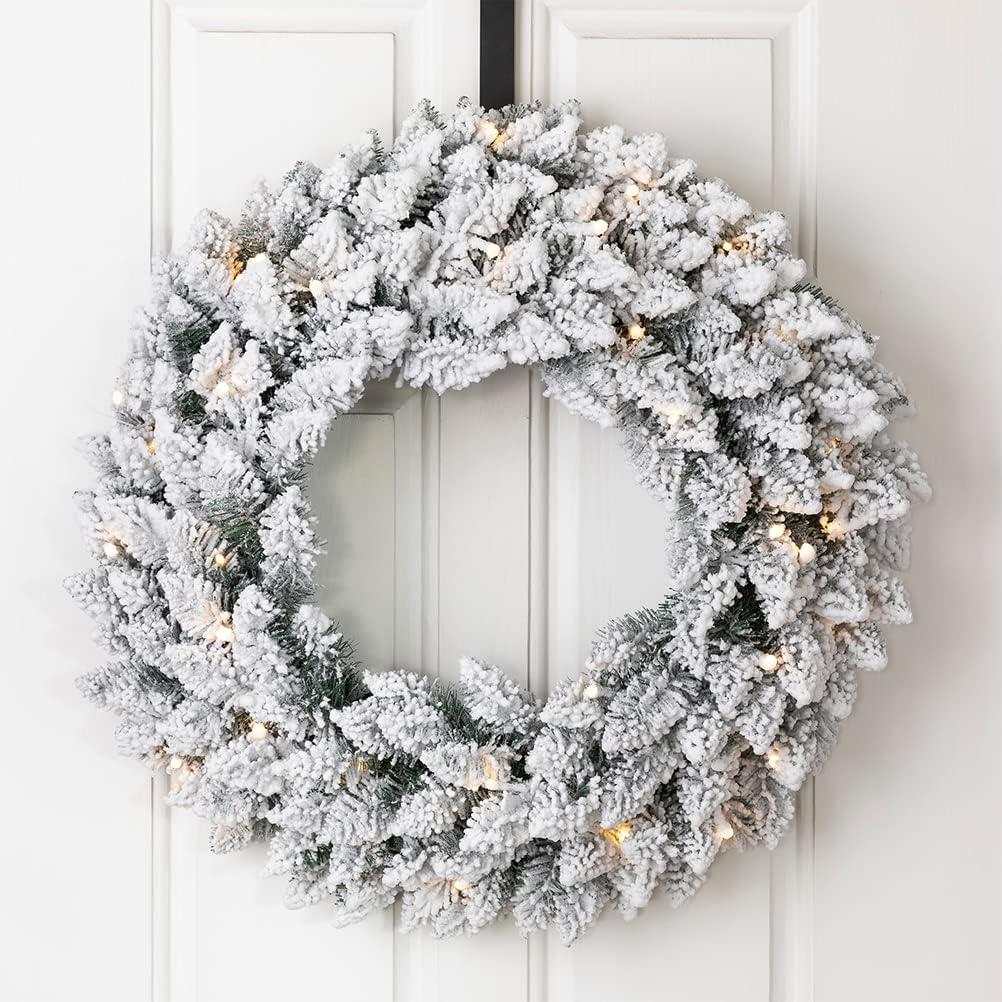 Huge Pre-Lit Artificial Pine Garland and Wreath Set with Snow Flocked Embellishments