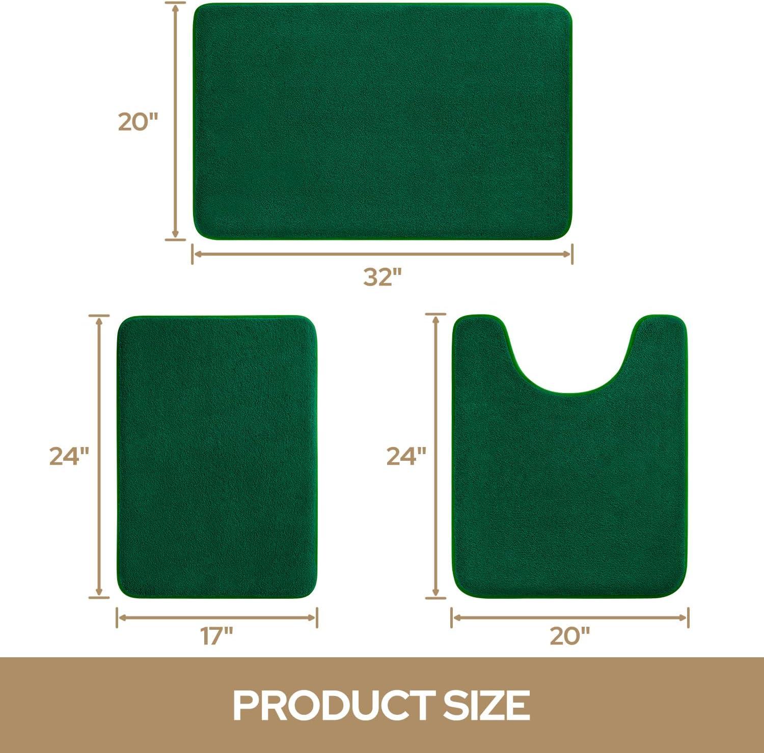 HOMEIDEAS Upgraded Bathroom Rugs Set 3 Piece, Extra Thick Absorbent Soft Memory Foam, Washable Toilet Bath Mat (Dark Green,17"x24"+20"x32"+U Shape 20"x24")