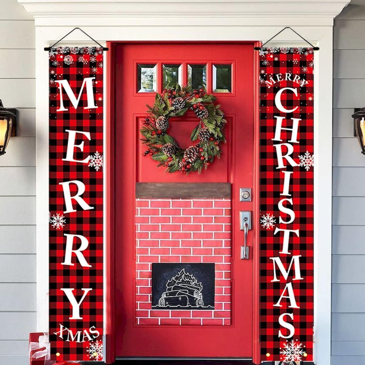 Christmas Decorations Outdoor Yard Front Porch Sign Set, Red Black Buffalo Plaid Door Banner, Hanging Merry Christmas Decorations for Home, Indoor Outdoor Xmas Decor Wall Front Door Yard Garage