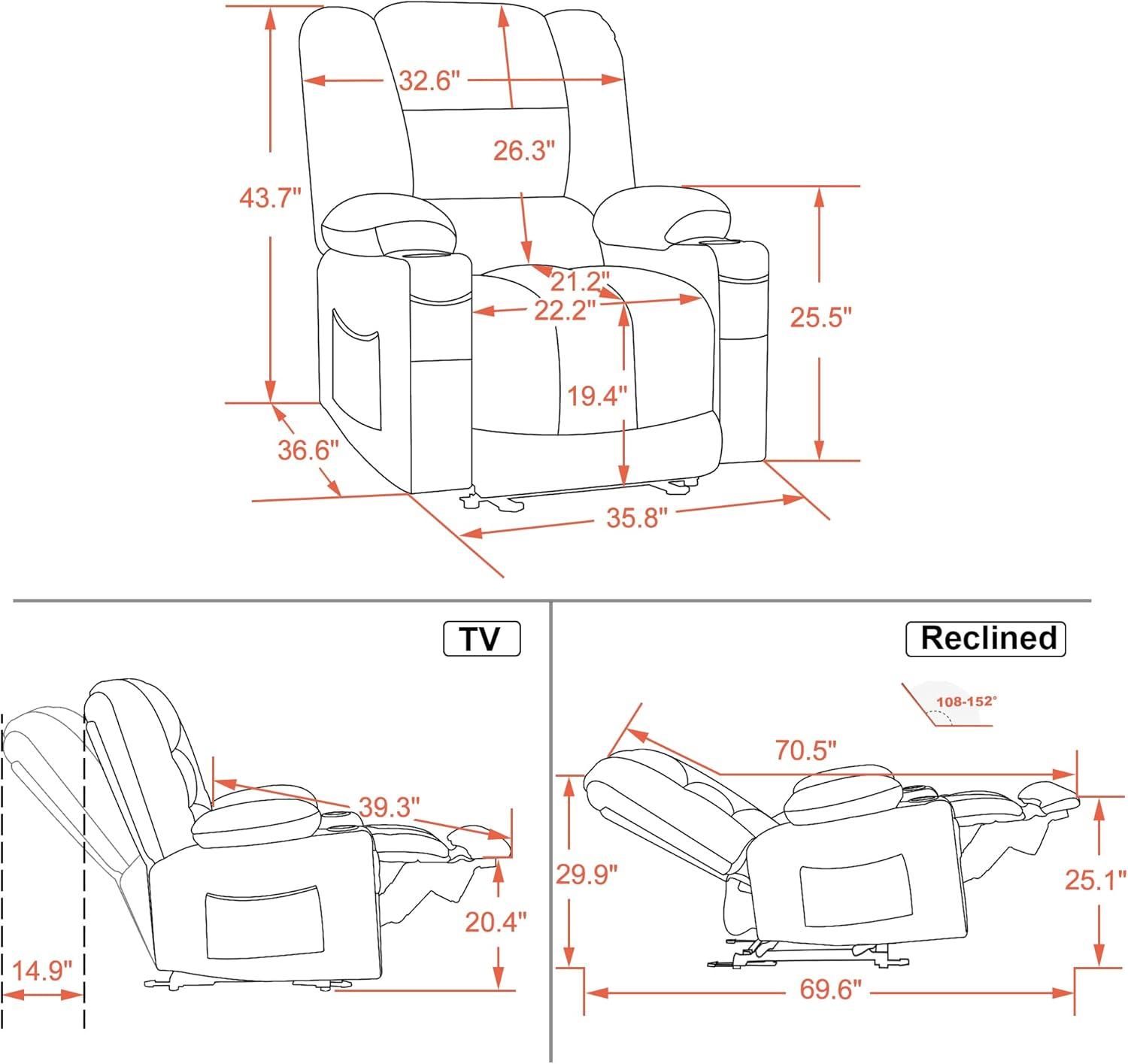 Color Electric Power Recliner Chair with Heat and Massage, USB Ports, Cup Holders