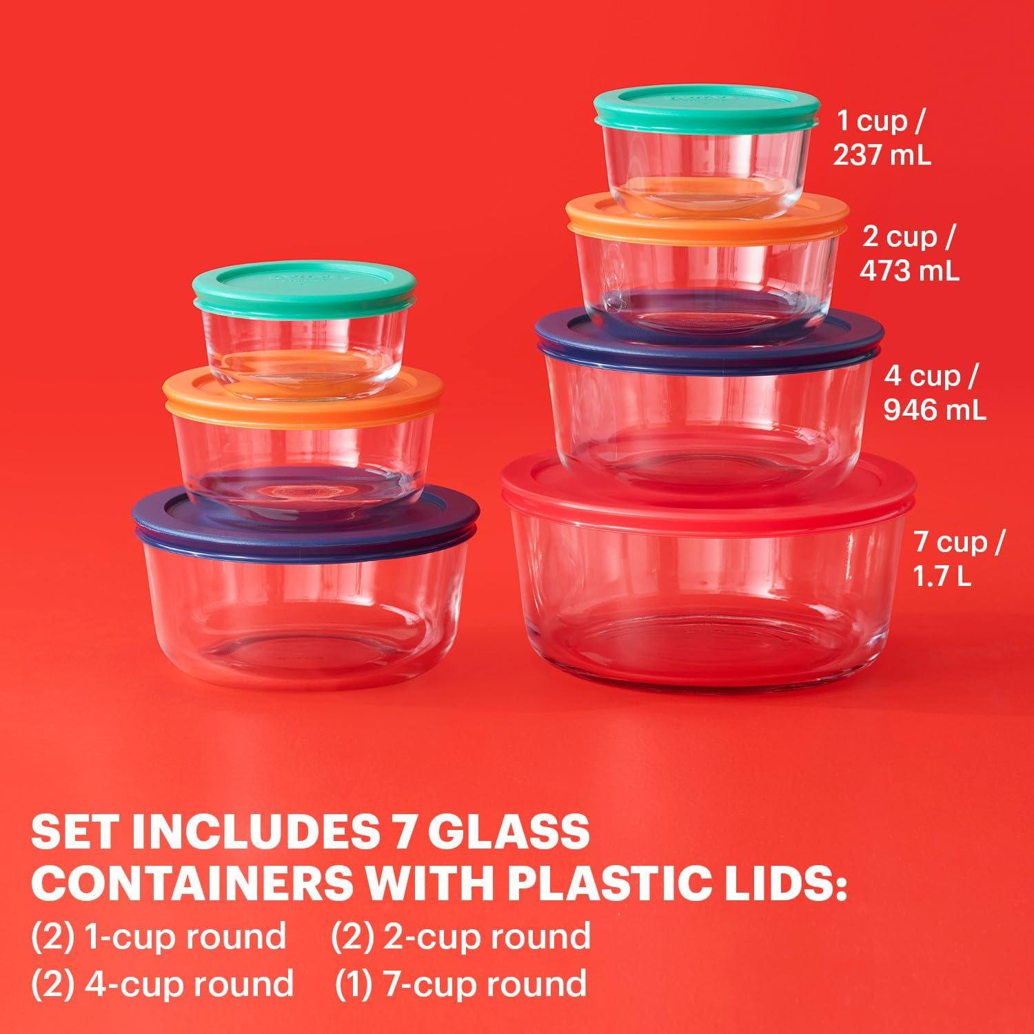 Pyrex Simply Store 14-Pc Glass Food Storage Container Set with Lid, 7-Cup, 4-Cup, 2-Cup & 1-Cup Round Meal Prep Containers with Lid, BPA-Free, Dishwasher, Microwave and Freezer Safe