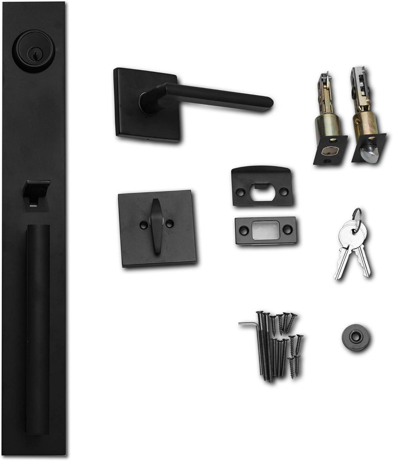 Iron Black Slim Square Front Door Handle and Deadbolt Set