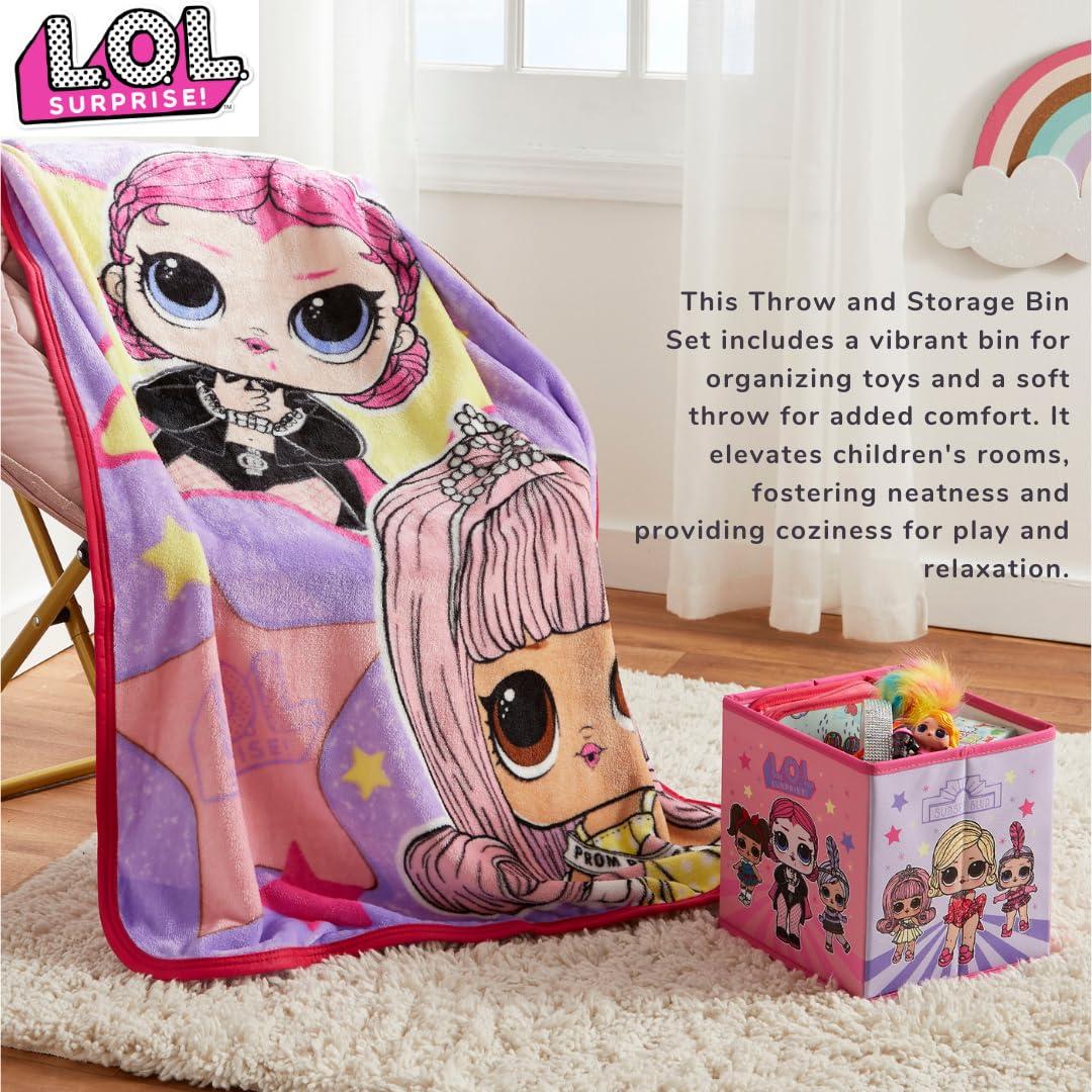 LOL Surprise Kids Plush Throw and Canvas Storage Cube Bin, 2Pc Set, Pink and Purple, MGA