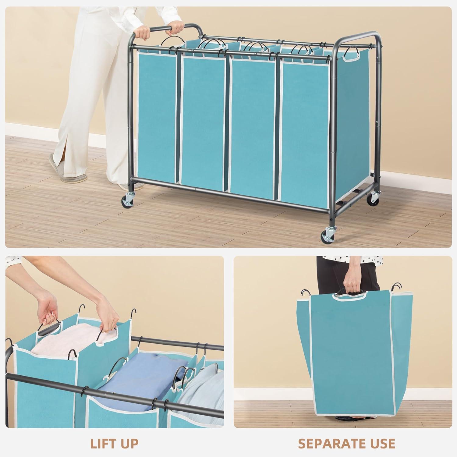Laundry Sorter 4 Section, Laundry Hamper with Wheels, Laundry Basket Sorter, Laundry Separator Hamper, Laundry Divider Hamper, 4 Bag Laundry Hamper with Wheels and Removable Bags, Gray