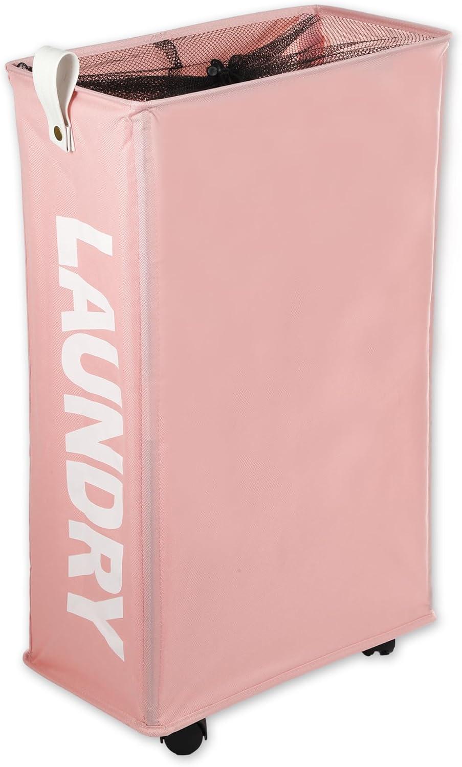 Unique Bargains Laundry Hamper with Wheels with Handle 27" Tall 1 Pc Pink