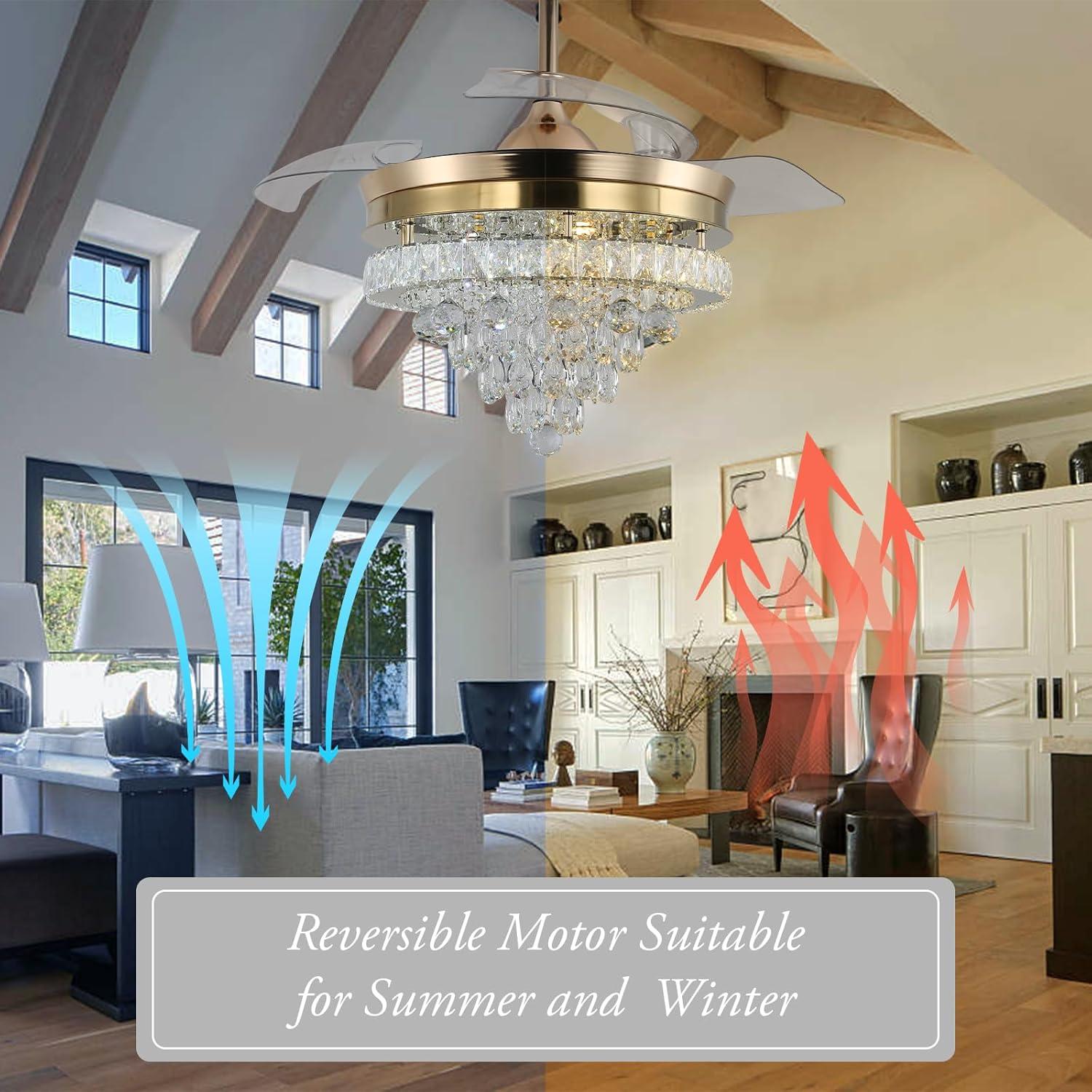 42 in. Indoor Gold Smart Retractable Crystal Ceiling Fan with Adjustable LED Light Included with Remote