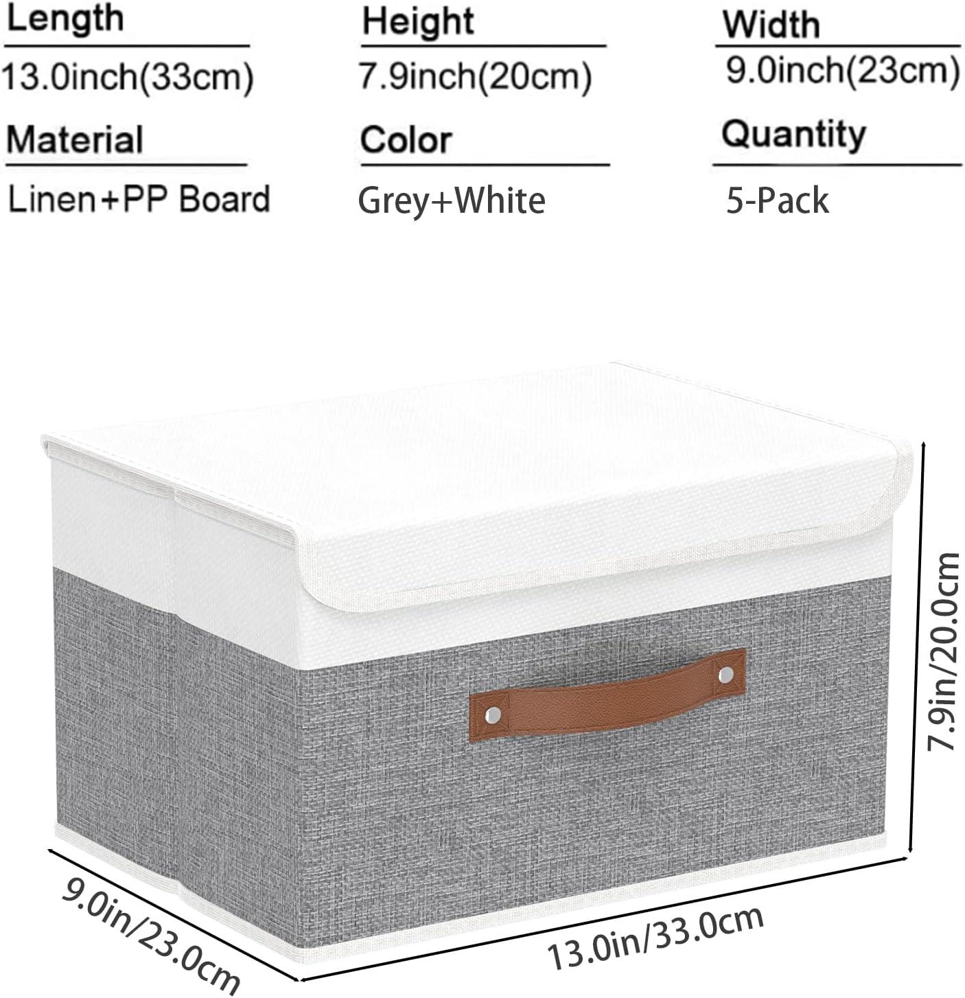 Yawinhe Storage Boxes with Lids, Linen Fabric Bin, Cube Organizer Basket, Washable and Leather Handle, for Home, Closet, White/Grey, 15.0''Lx9.8''Wx9.8''H, 1-Pack, USNK024WGL-1