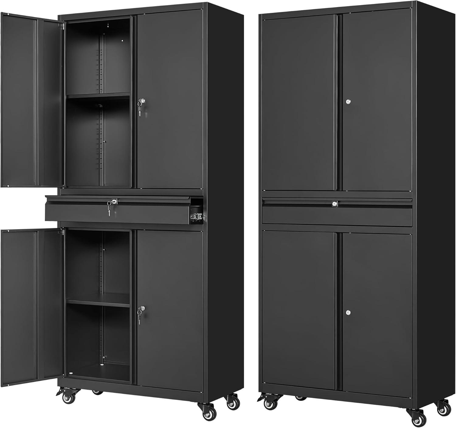 17 Stories Wheeling Garage Storage Cabinet, Rolling Tool Cabinet with 4 Door Lock-Adjustable Shelves and 1 Drawer for Garage Utility Room (Black)