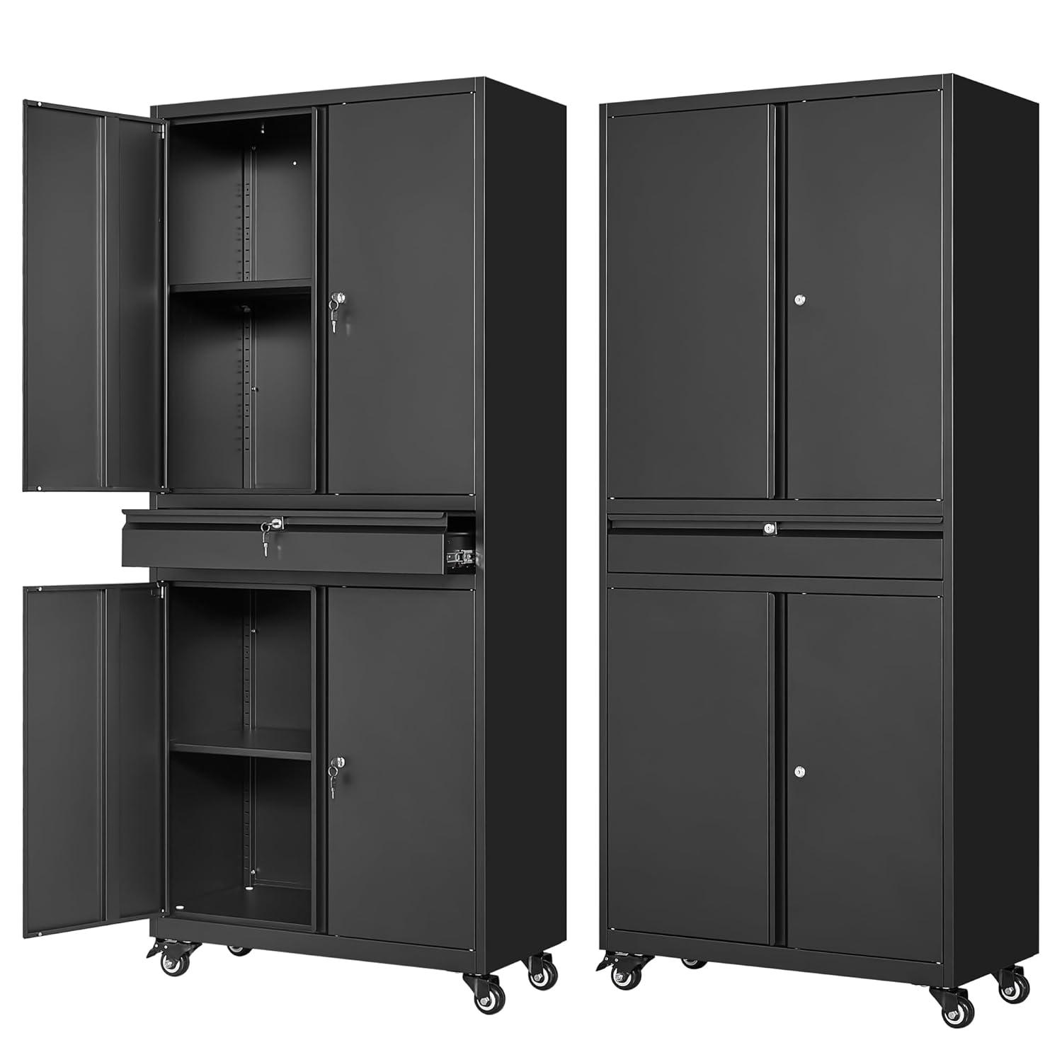 17 Stories Wheeling Garage Storage Cabinet, Rolling Tool Cabinet with 4 Door Lock-Adjustable Shelves and 1 Drawer for Garage Utility Room (Black)