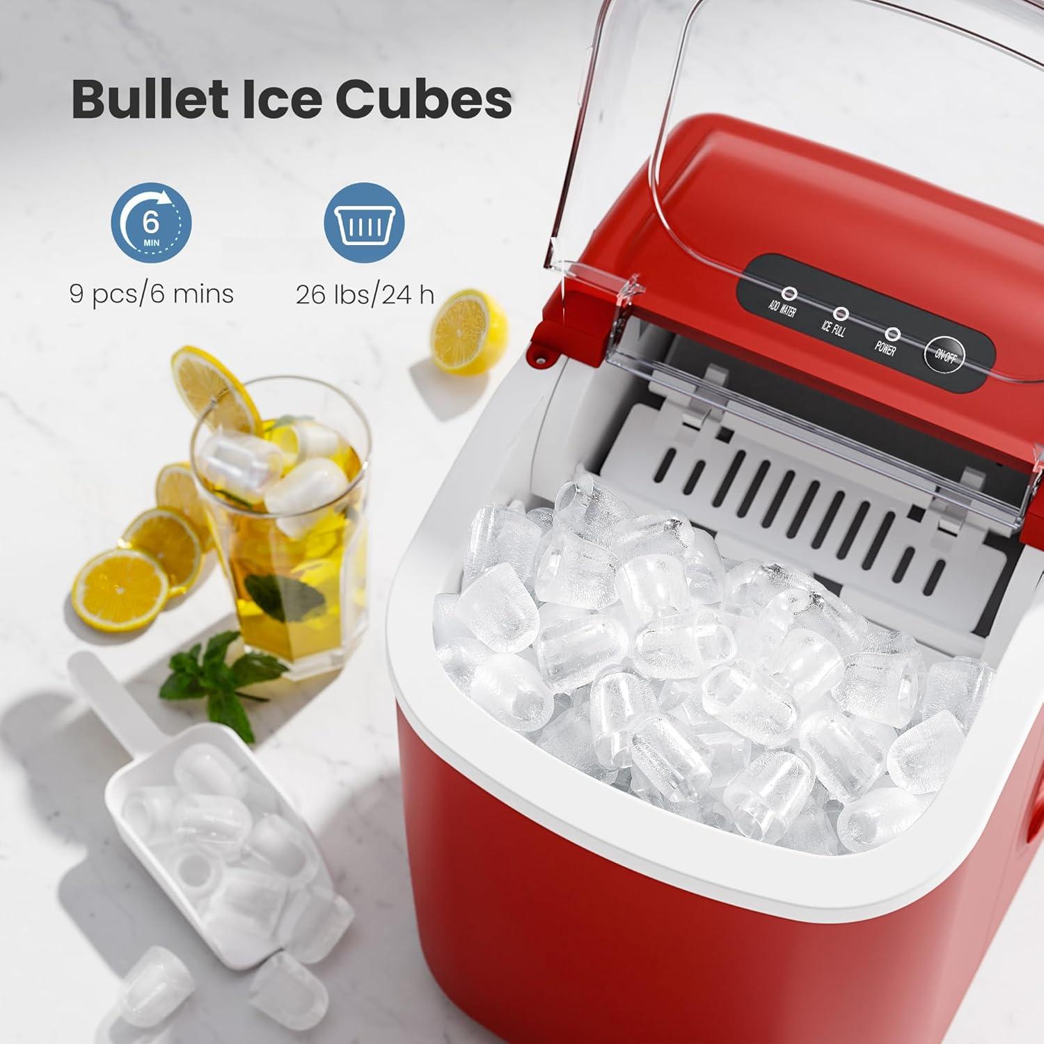 Red Portable Countertop Ice Maker with Handle and Self-Cleaning Function