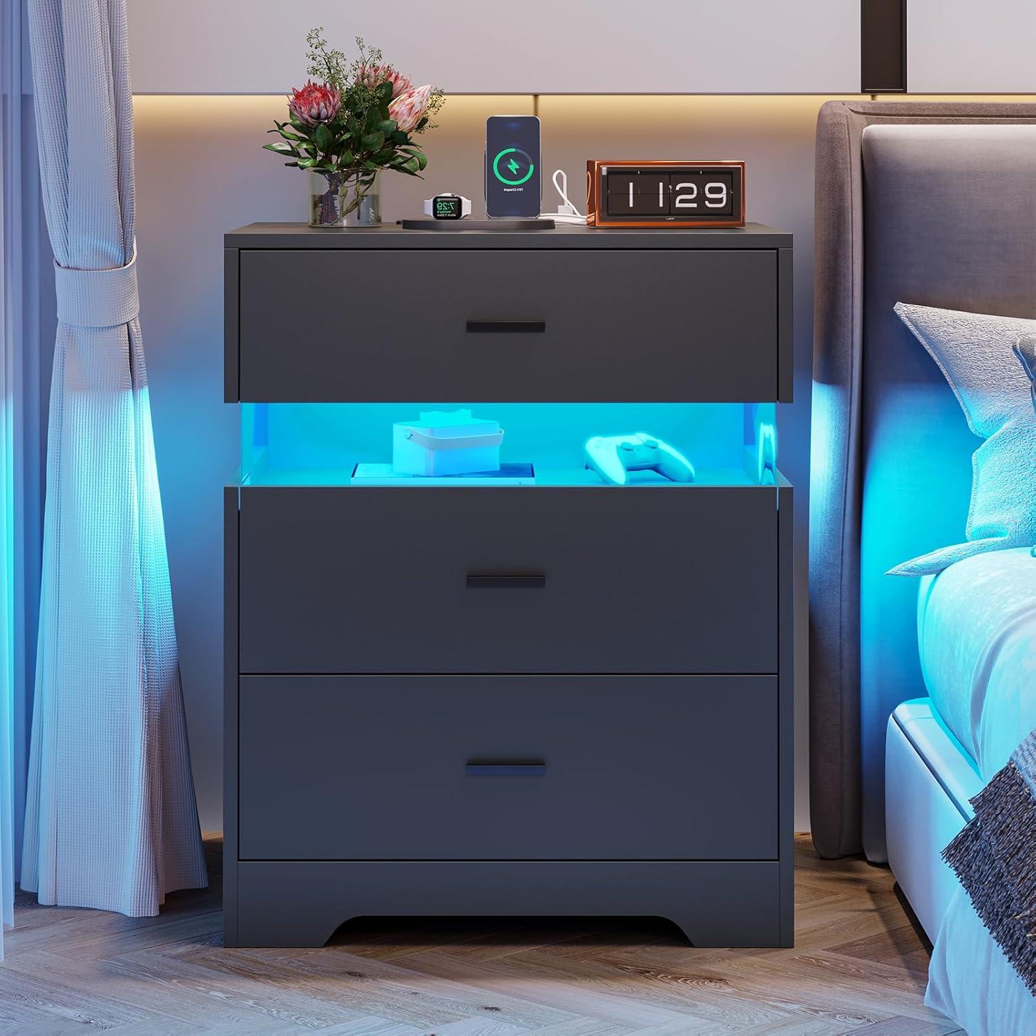 Nightstand with Acrylic LED Light, End Side Table with Charging Station and 3 Drawers, Bedside Table for Bedroom, Black