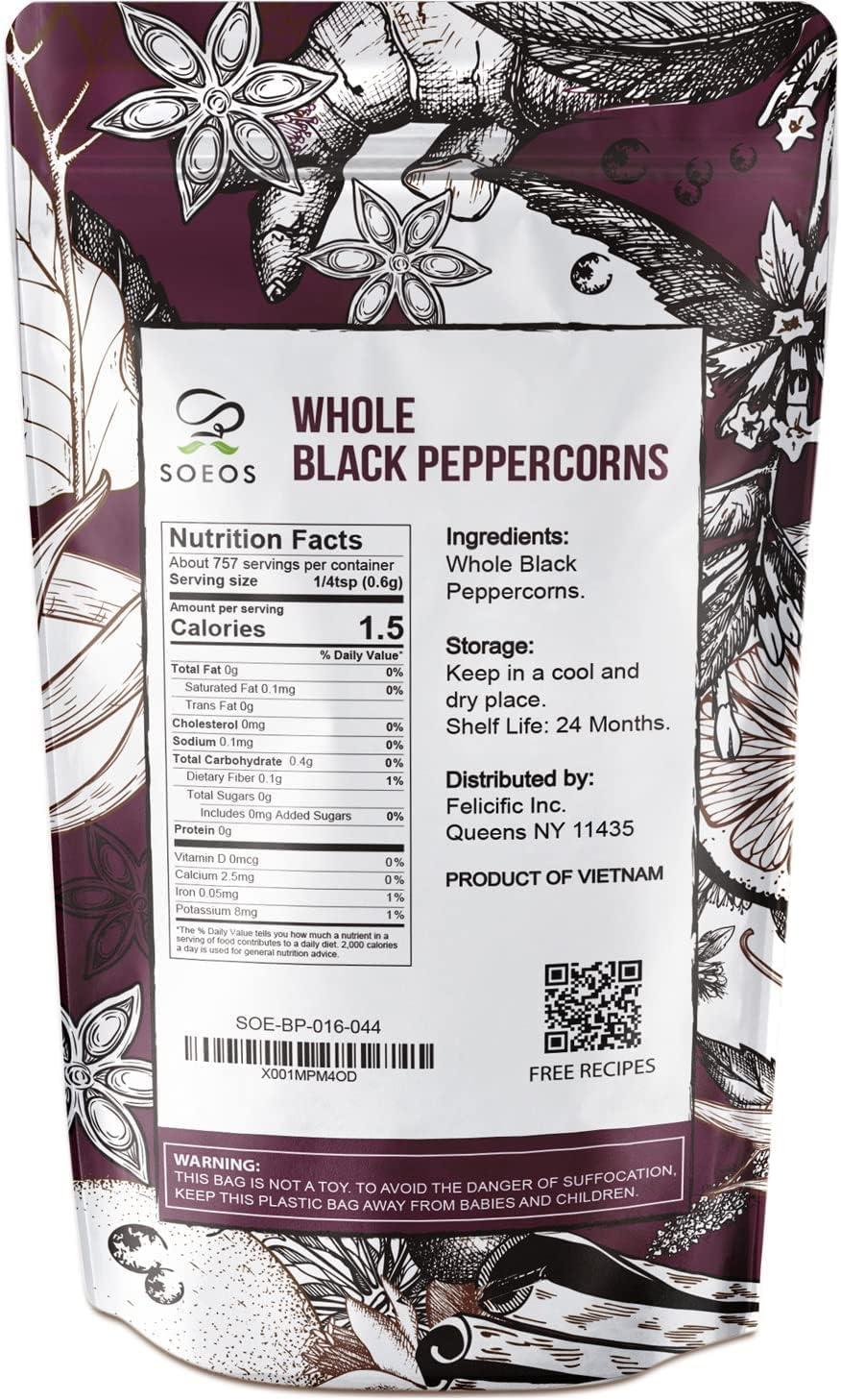 Soeos Whole Black Peppercorns 16oz (Pack of 1), Robust Flavor, Non-GMO and Kosher, Whole Peppercorns for Grinder Refill, Peppercorn for Bottle Refill