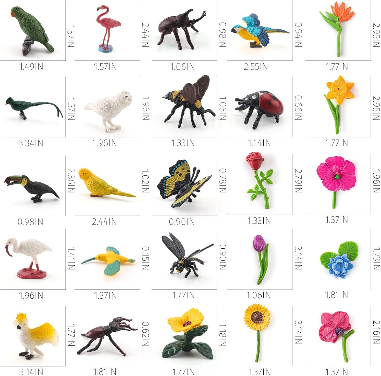 24PCS Realistic Bird Animals Figurines Plastic Flower Toys Mini Insect Toys Set for Toddlers Age 3+ Educational Project Diorama Kids for Preschool Children